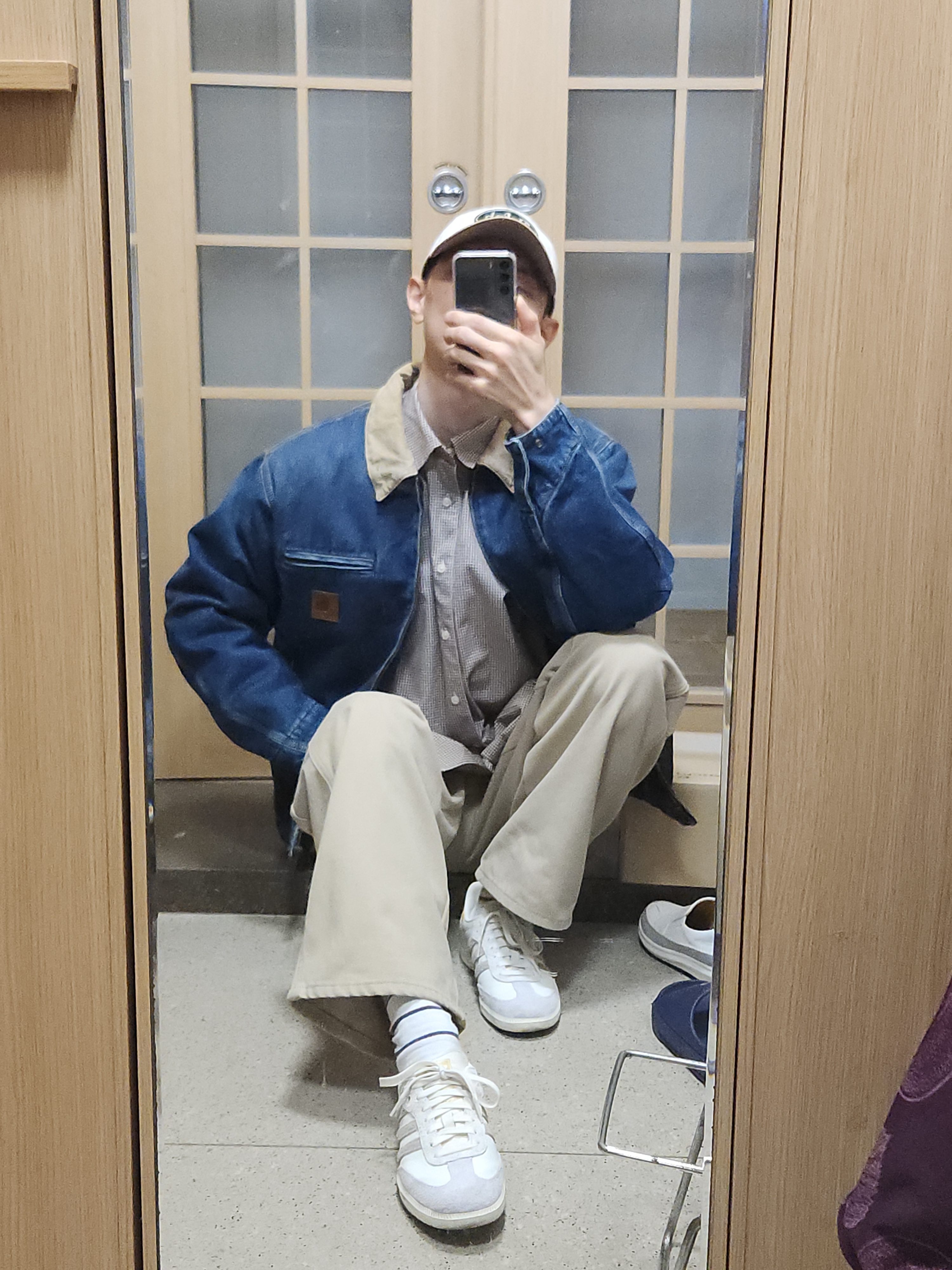 Carhartt WIP OG Detroit Jacket Blue Dusty Hamilton Brown, Adidas x Kasina Samba Consortium Cup Off White Trace Khaki 착용 스타일