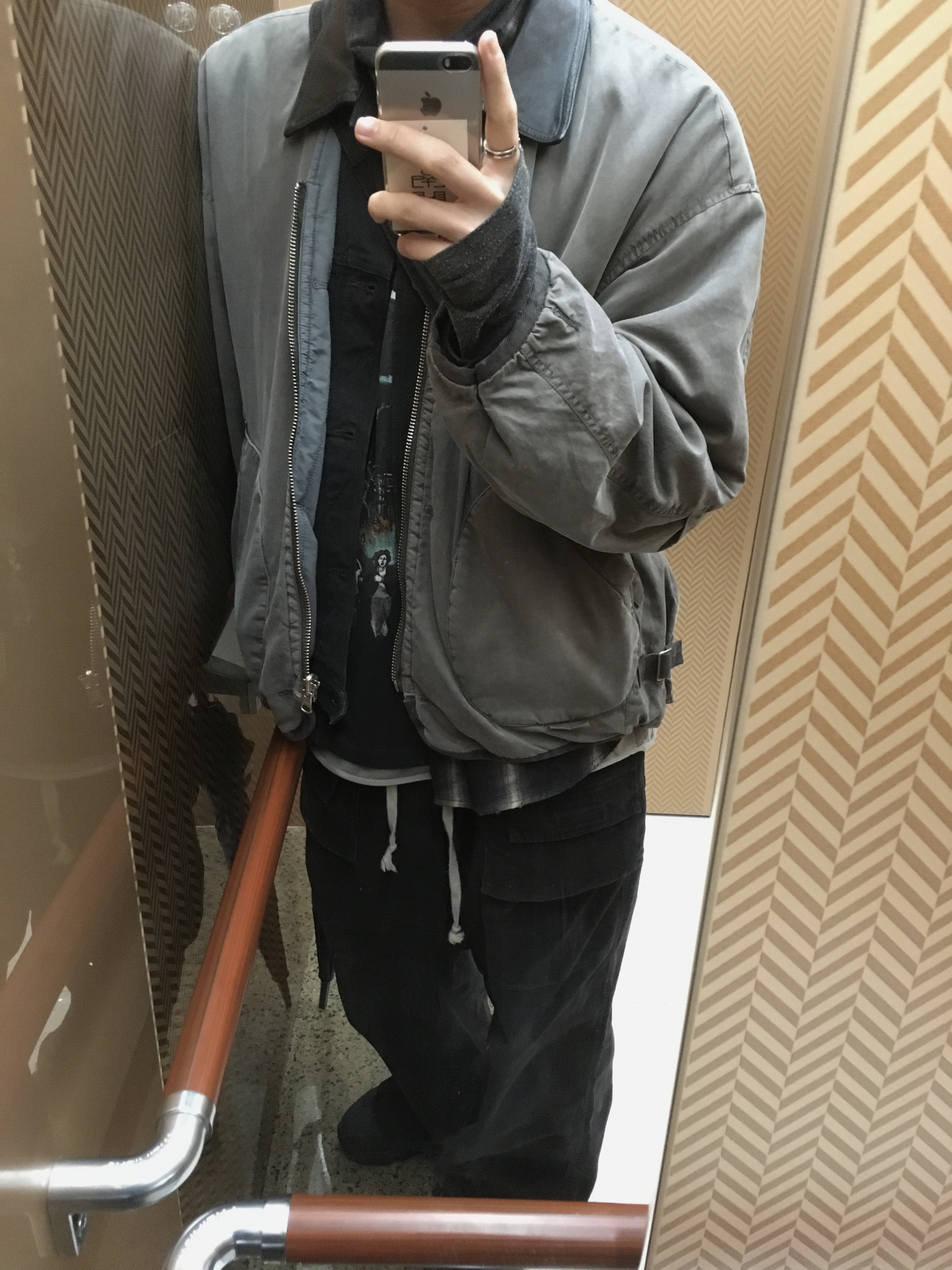 Polyteru Reversible Liner Jacket Sage Gray + Jade, Polyteru Used Trucker Jacket Black (Leather Collar) 착용 스타일 - 2