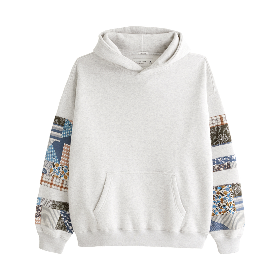 122-488-00394-112 Abercrombie & Fitch Essential Popover Patchwork Embroidered Hoodie Light Heather Gray Patchwork Embroidered