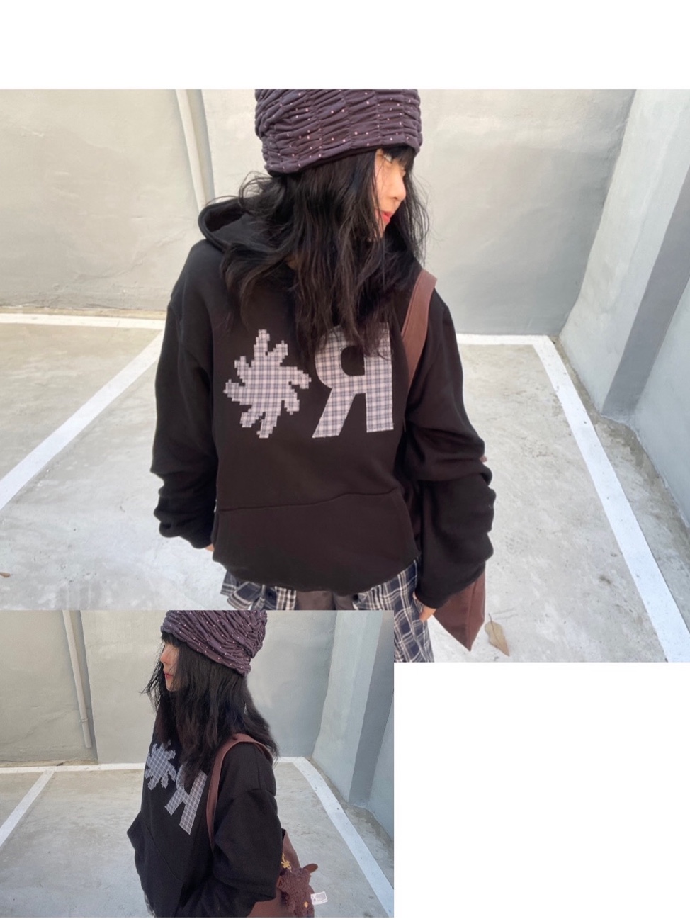 SLOW RECORD HOUSE Check Patch Hoodie Black 착용 스타일 - 2