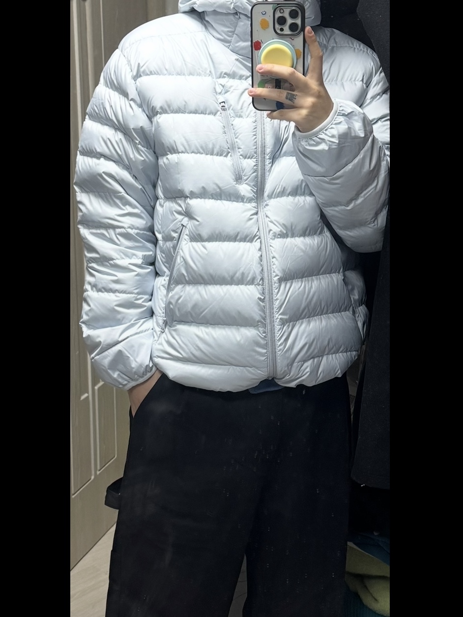 Musinsa Standard City Leisure Hooded Light Down Jacket Cloudy Blue 착용 스타일