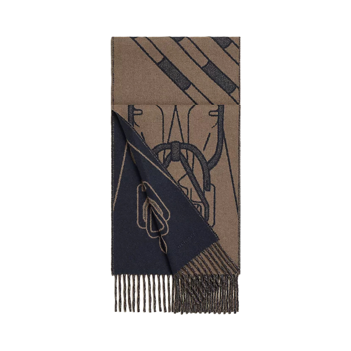 H393398T03 Hermes Tete A Tete Equestre Muffler Cashmere Bleu Marine Etoupe