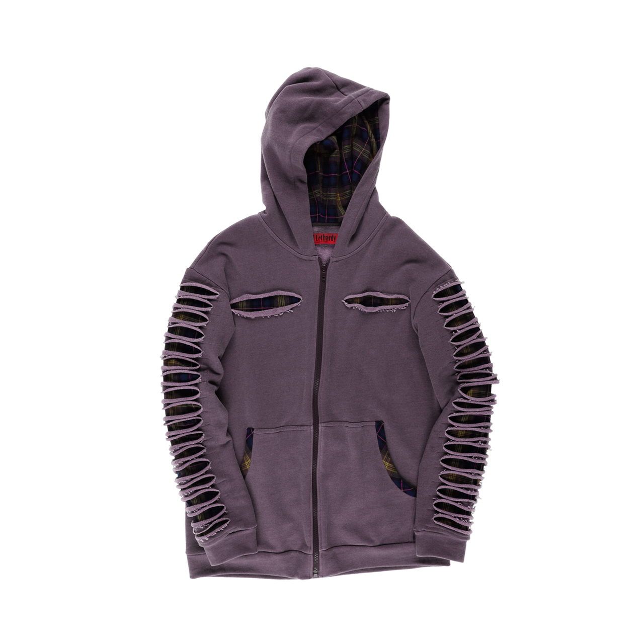 SL25FWJP04PR Still Lethardy Slashed Check Hoodie Purple