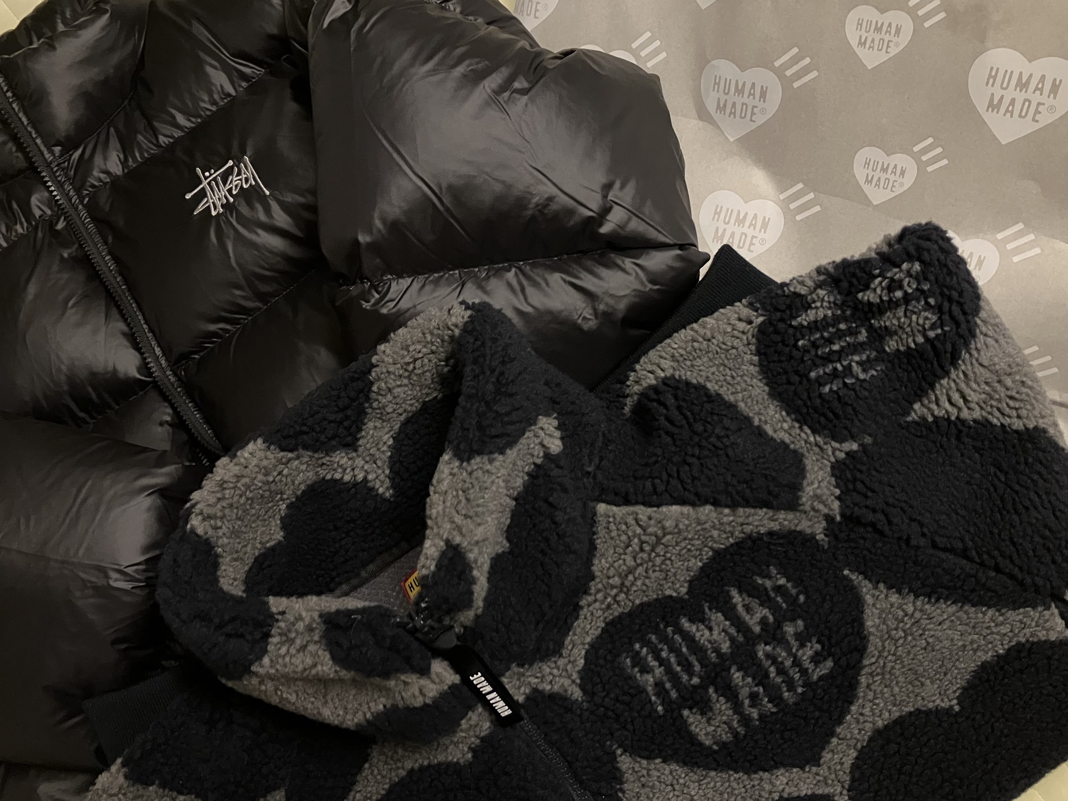 Stussy Micro Ripstop Down Jacket Jet Black, Human Made Heart Fleece Jacket Navy 착용 스타일