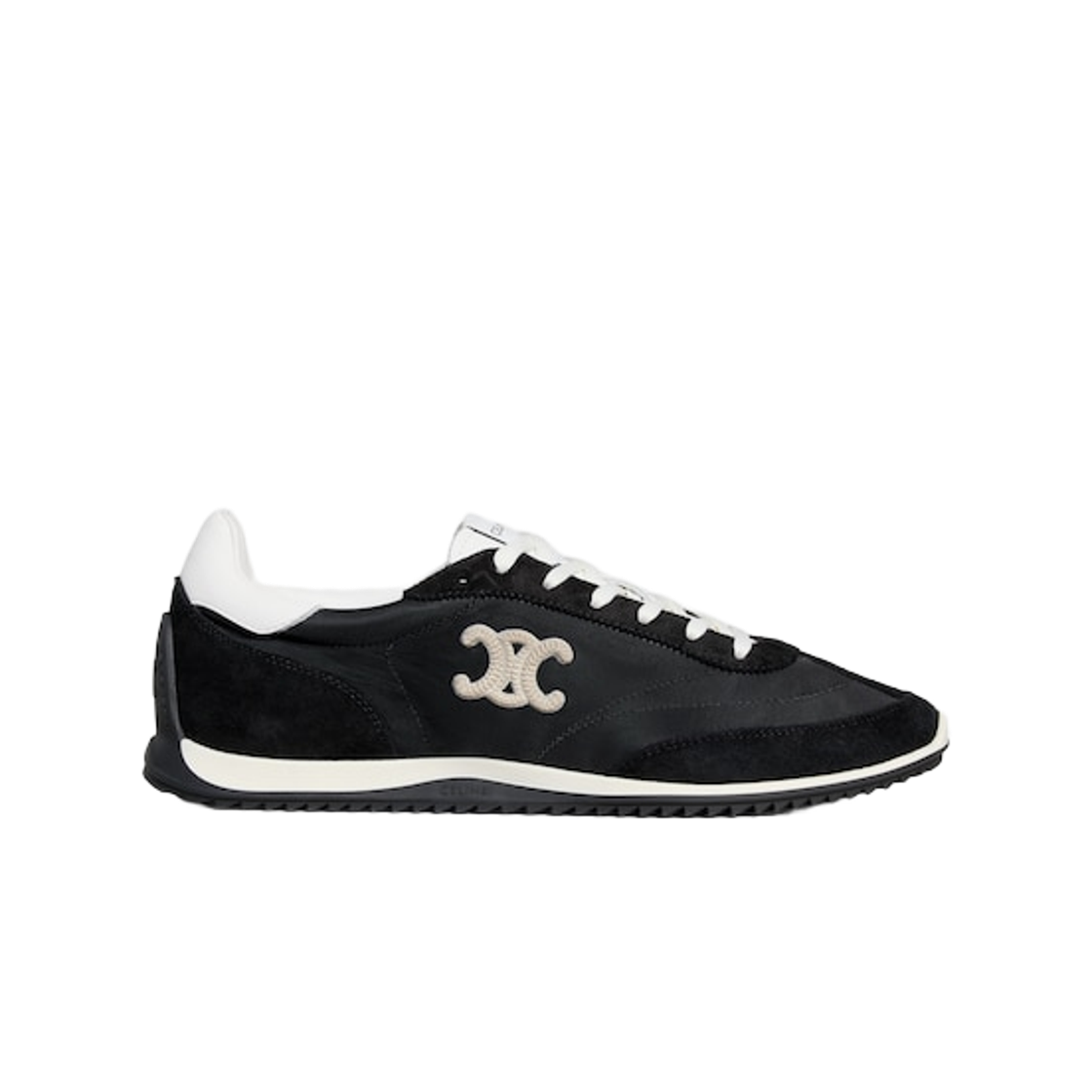 셀린느 레이서 로우 레이스업 스니커즈 트리옹프 나일론 스웨이드 카프스킨 블랙 화이트(Celine Racer Low Lace-Up Sneakers with Triomphe in Nylon Suede Calfskin Black White)