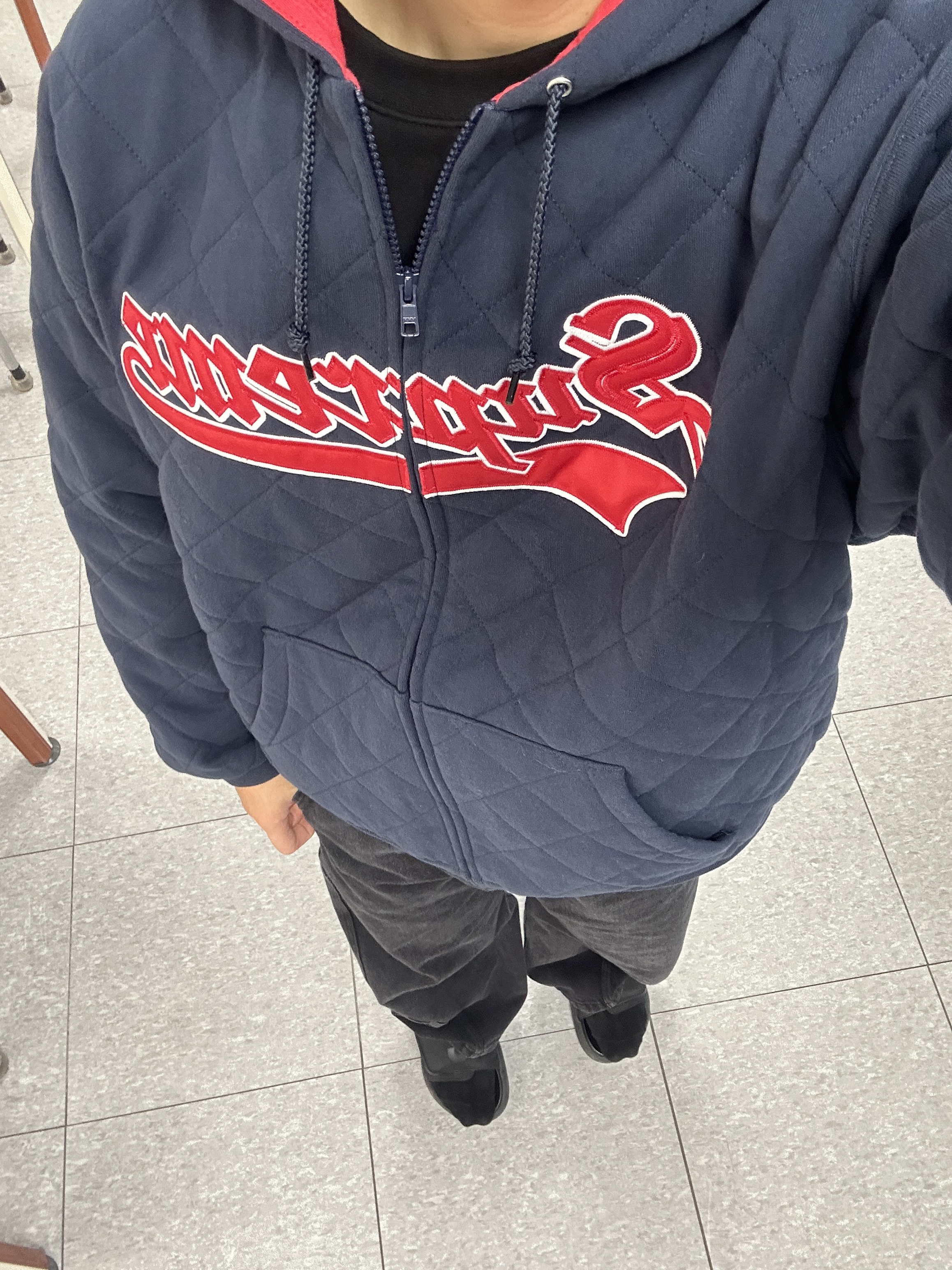 Supreme Quilted Zip Up Hooded Sweatshirt Navy - 25FW 착용 스타일