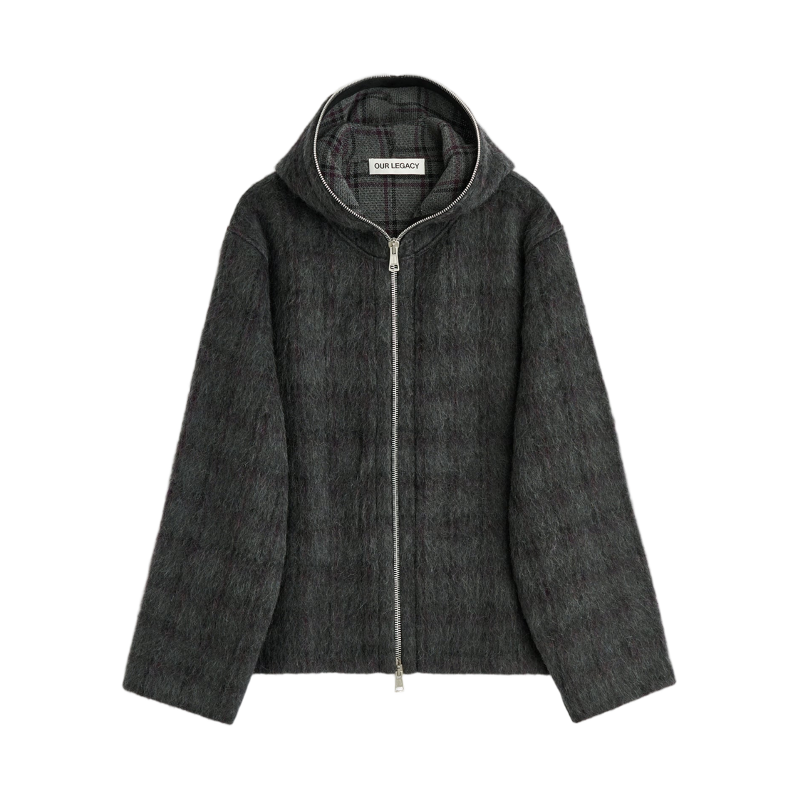 M2266FF Our Legacy Full Zip Hood Fuzzed Plum Check Hairy Wool