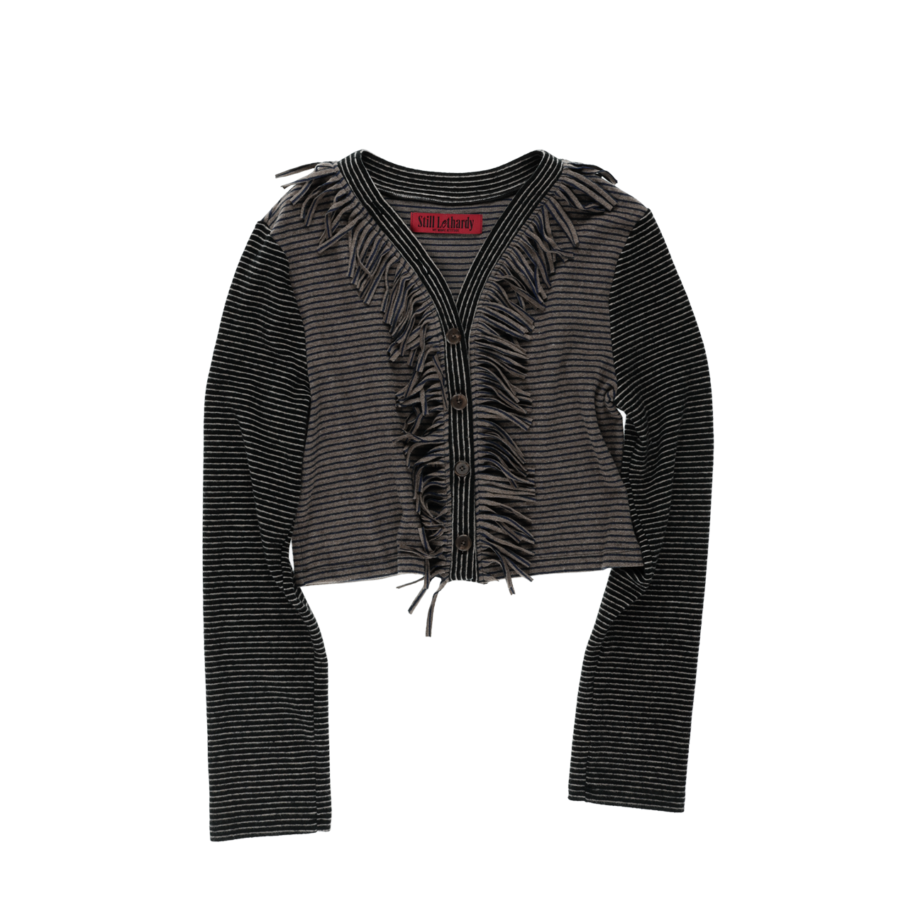 SL25FWCD04GY Still Lethardy Fringe Stripe Cardigan Grey