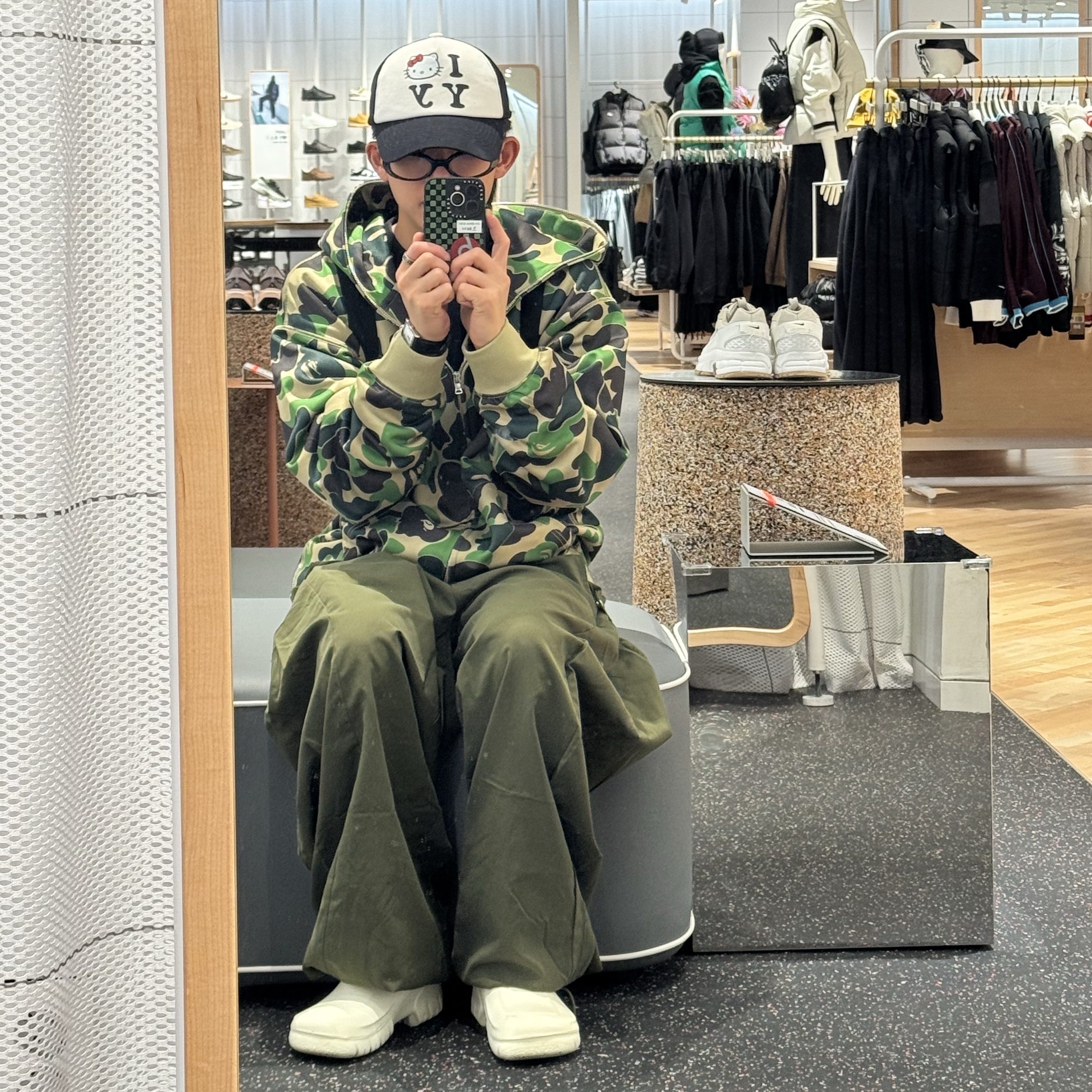 BAPE ABC Camo Rayon Relaxed Fit Shark Full Zip Hoodie Green, Open Yy x Hello Kitty Trucker Cap Black 착용 스타일