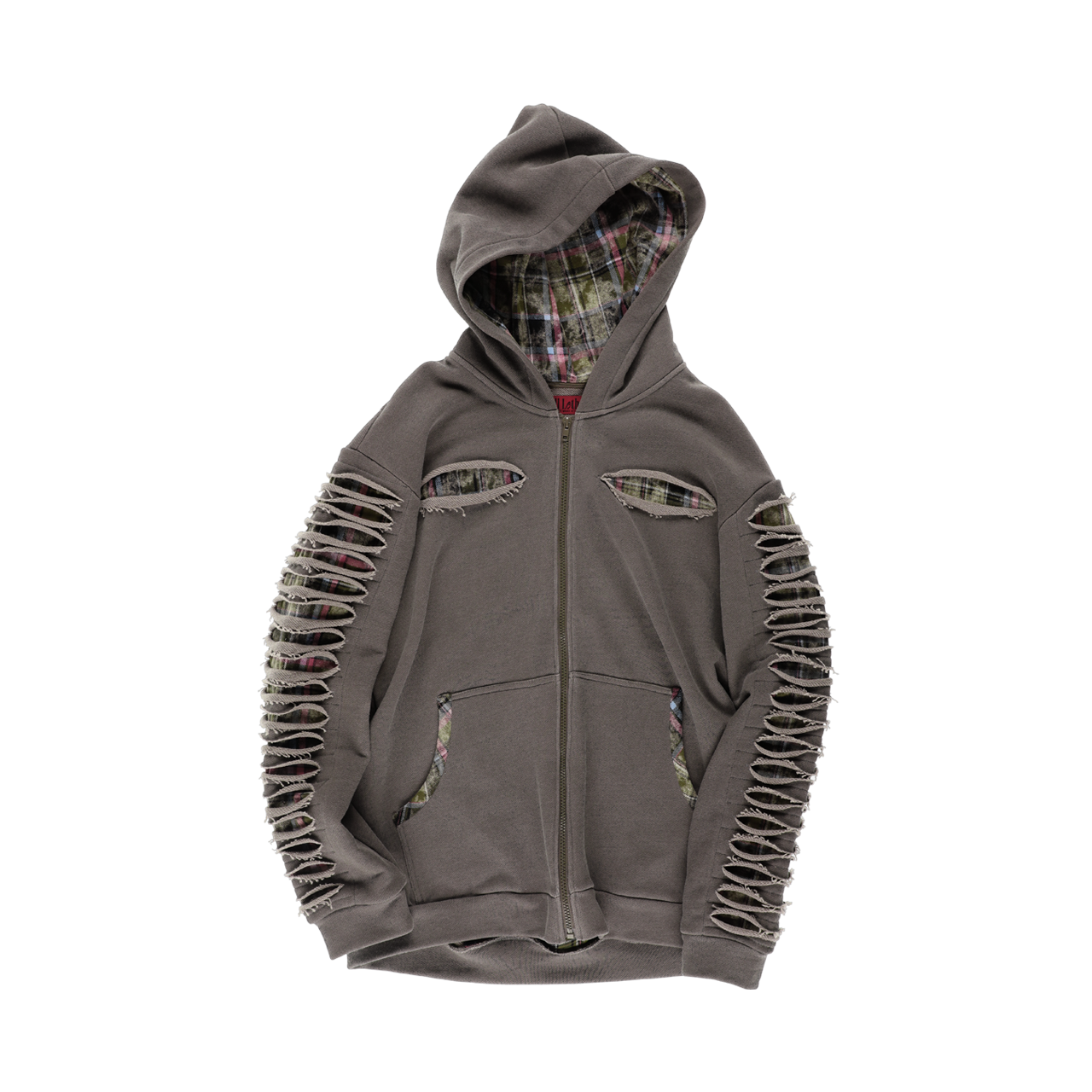 SL25FWJP04BR Still Lethardy Slashed Check Hoodie Brown