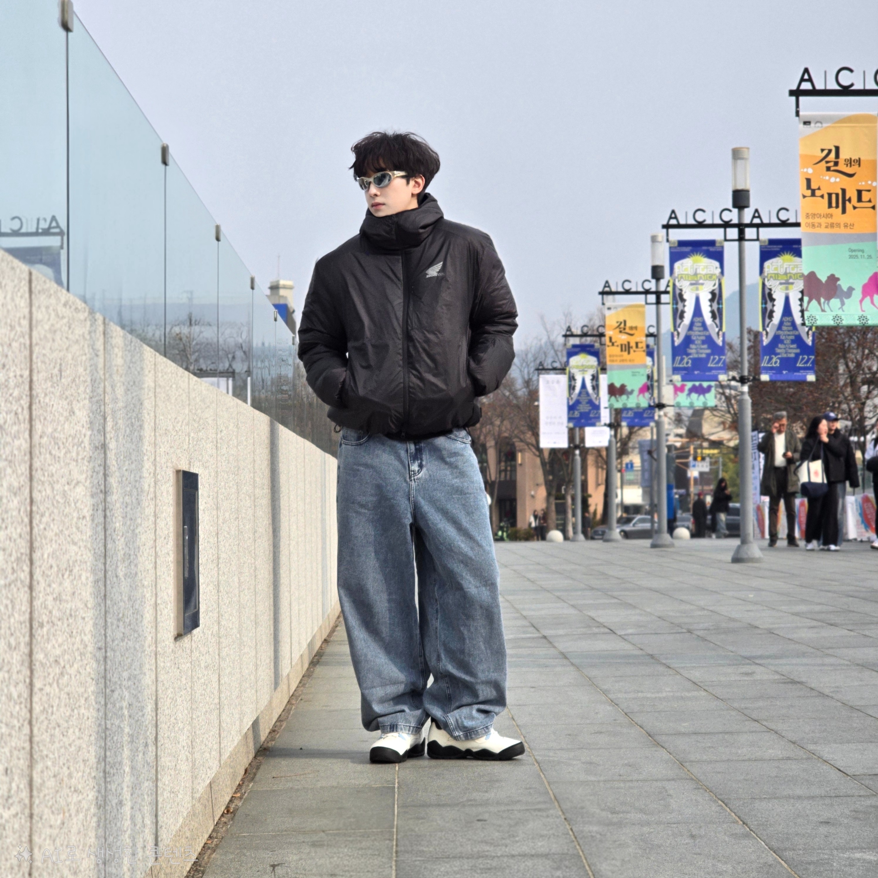 Honda H-Tech Non Quilting Hoodie Jacket Black, NOMANUAL Raw Vision Denim Pants White Blue 착용 스타일 - 4