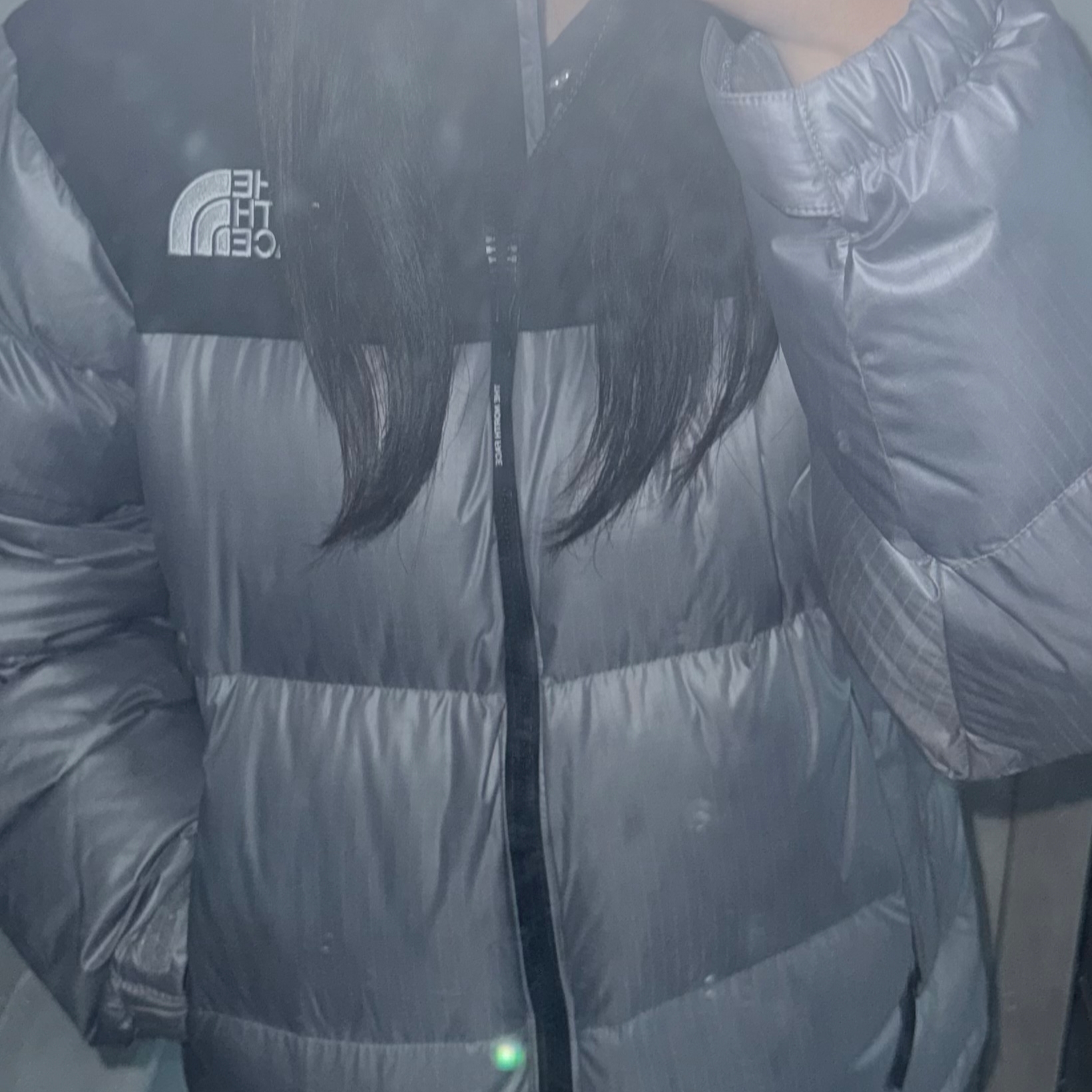 The North Face White Label Novelty Nuptse Down Jacket Heather Gray 착용 스타일