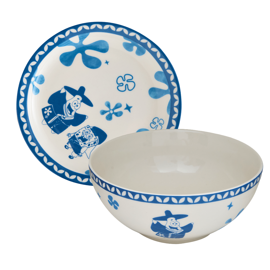 댄꼼마 x 스폰지밥 스폰지밥 & 뚱이 청화백자 대접 접시세트(DANCOMMA x SpongeBob SquarePants SpongeBob & Patrick Blue and White Porcelain Bowl & Plate Set)