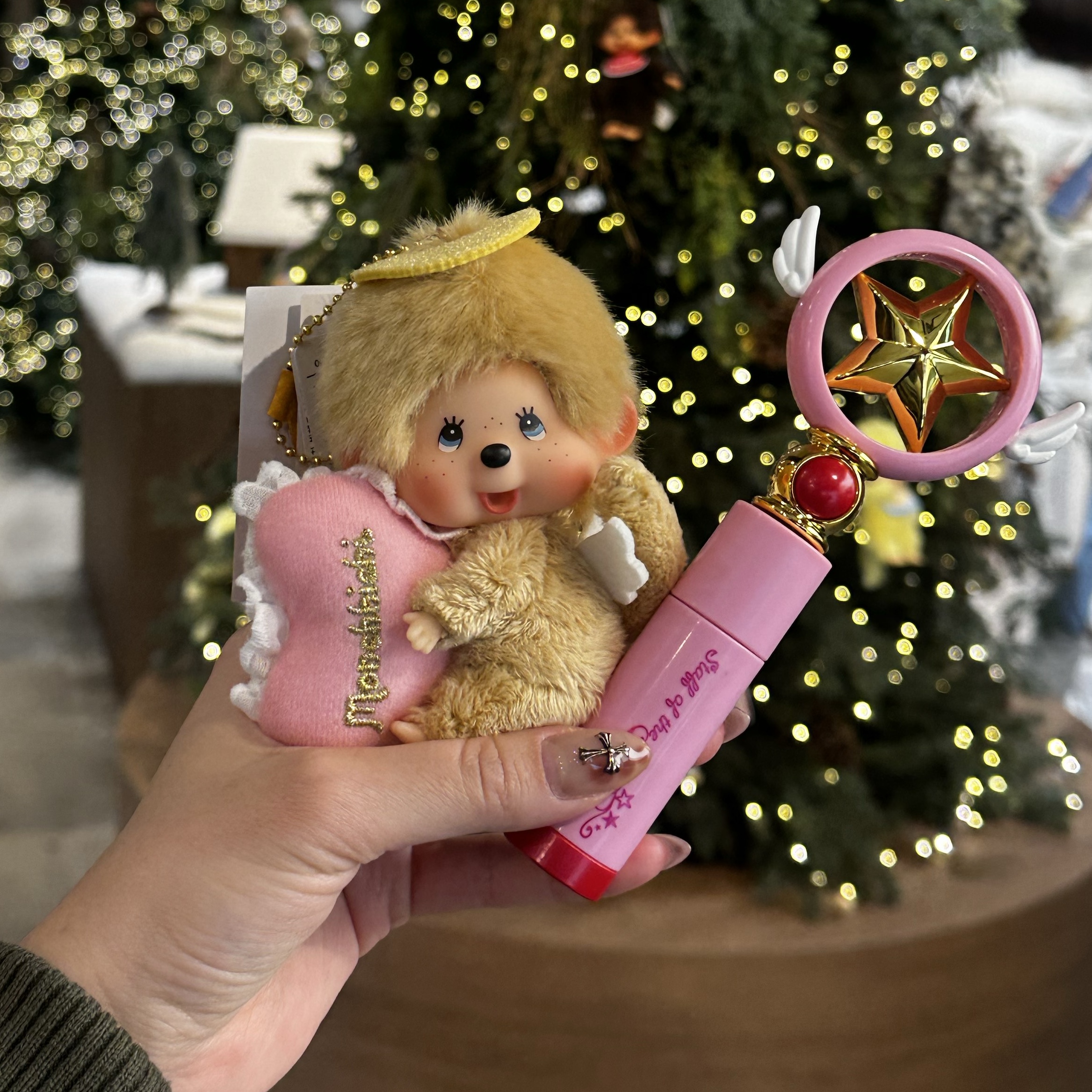 Monchhichi Love Happy Angel Monchhichi Big Head SS Keychain, Monchhichi Love Happy Angel Bebichhichi S Girl 착용 스타일 - 1