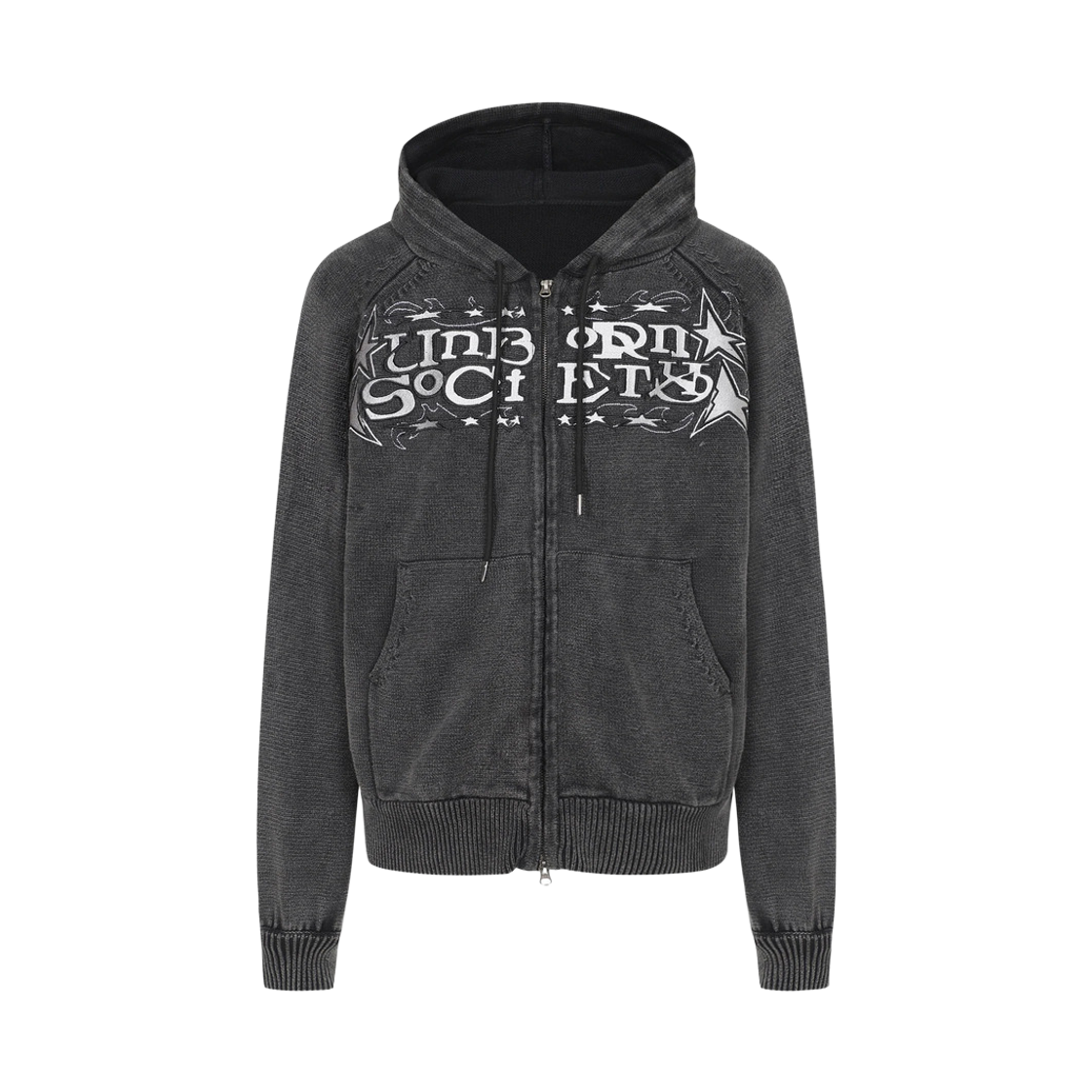 US-FW25-011 Unborn Society Stonewash Knitted Hoodie Ash Grey