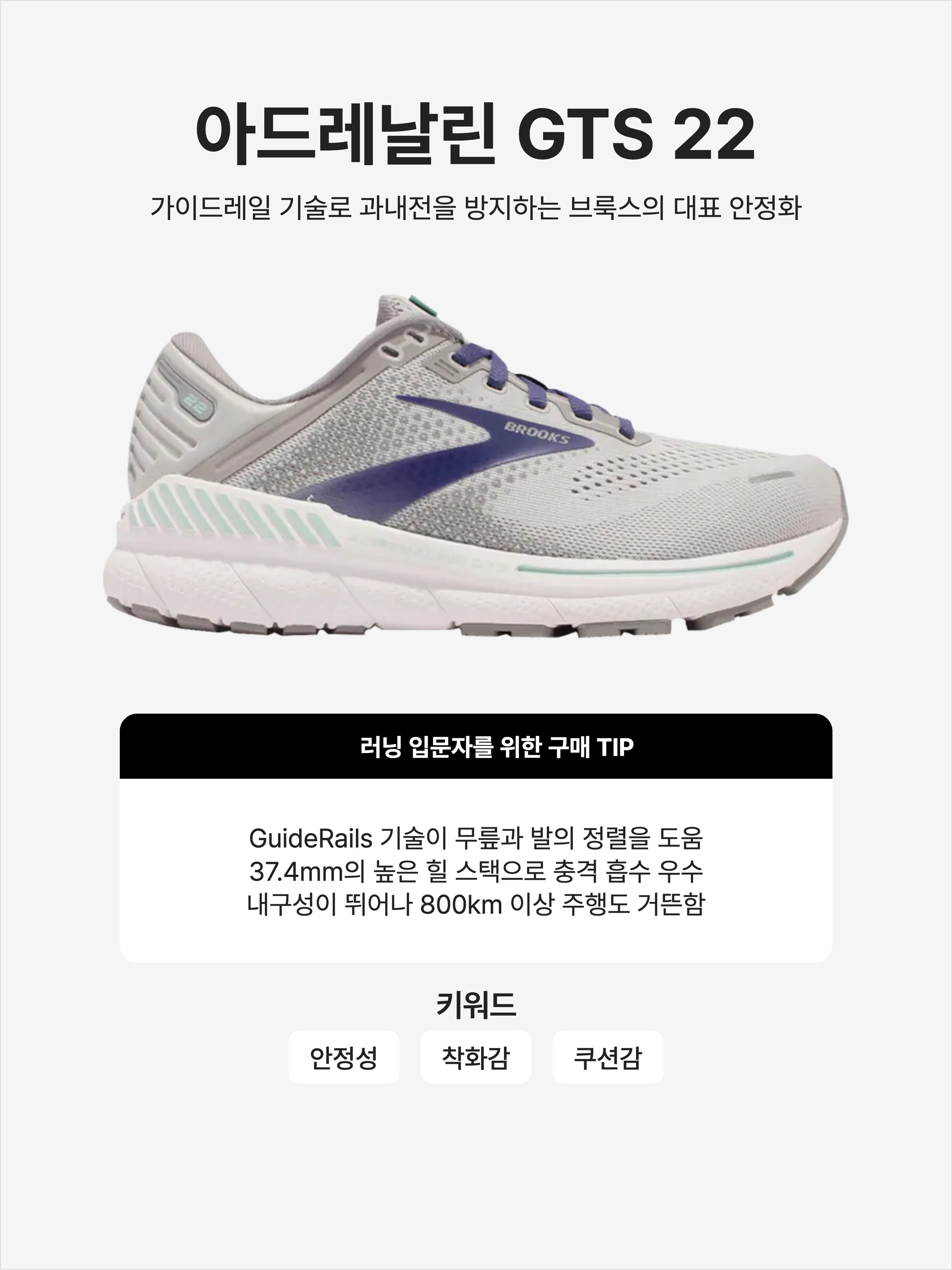 (W) Brooks Running Adrenaline GTS 22 Grey Purple - 2E Extra Wide 착용 스타일 - 1