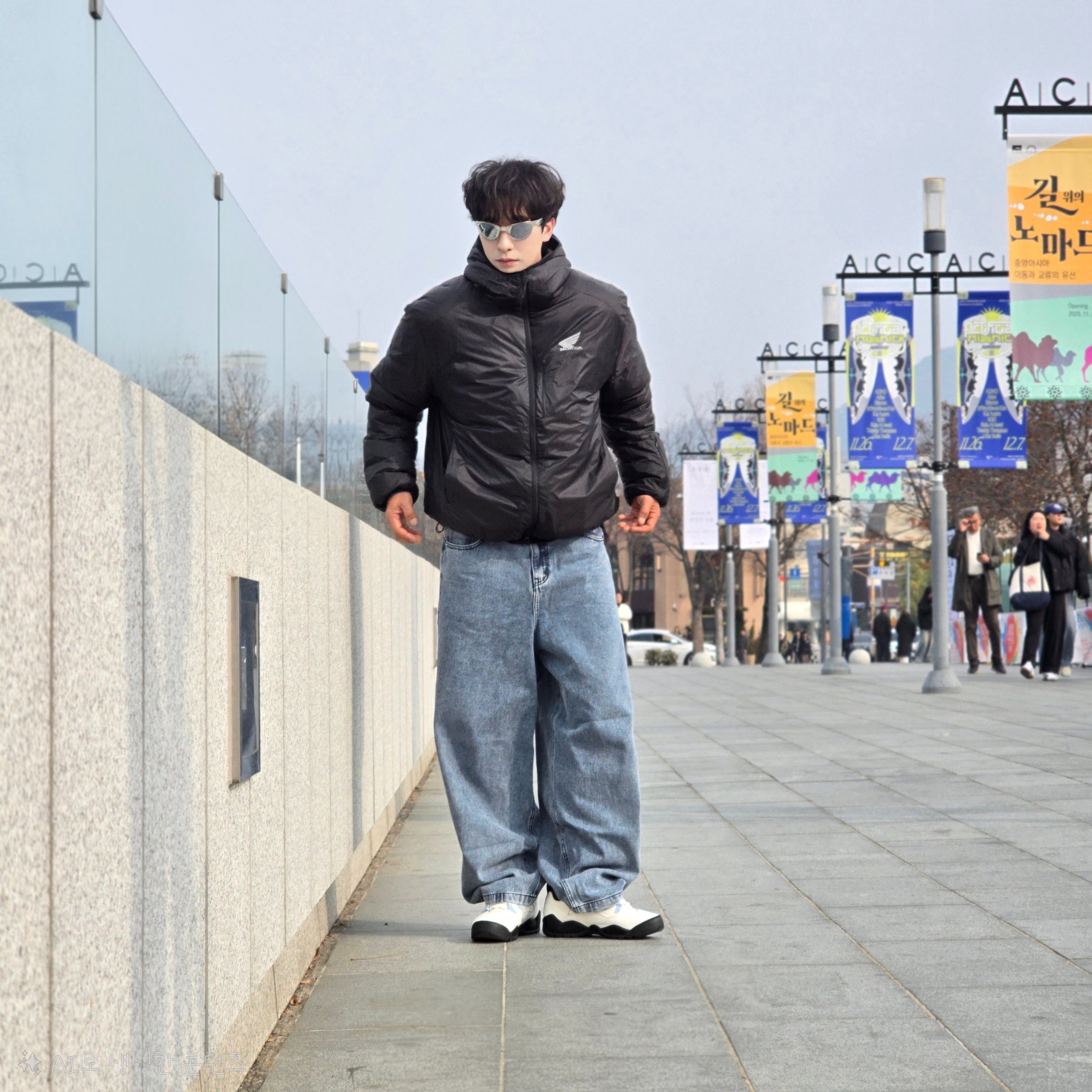 Honda H-Tech Non Quilting Hoodie Jacket Black, NOMANUAL Raw Vision Denim Pants White Blue 착용 스타일 - 3