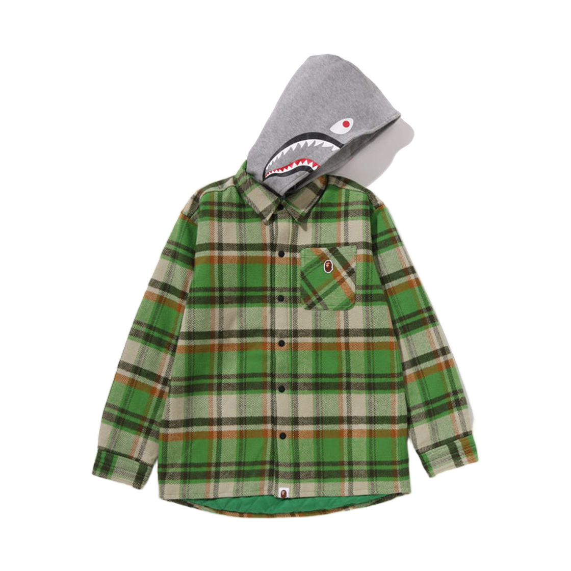 (키즈) 베이프 체크 샤크 후드 릴렉스드 핏 셔츠 자켓 그린((Kids) BAPE Check Shark Hoodie Relaxed Fit Shirt Jacket Green) - 1