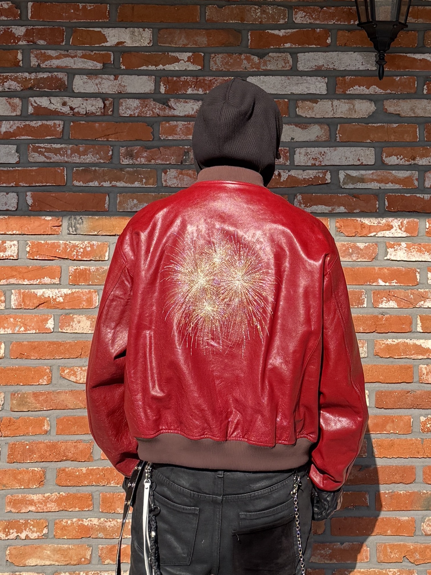 Undermycar Hommage Embraced The Fireworks Goatskin Blouson Red - 24FW, Undermycar x Emostanceclub Emoun Destroyed Cowhide Suede Red Stitch Denim Toreador - 23FW 착용 스타일 - 2