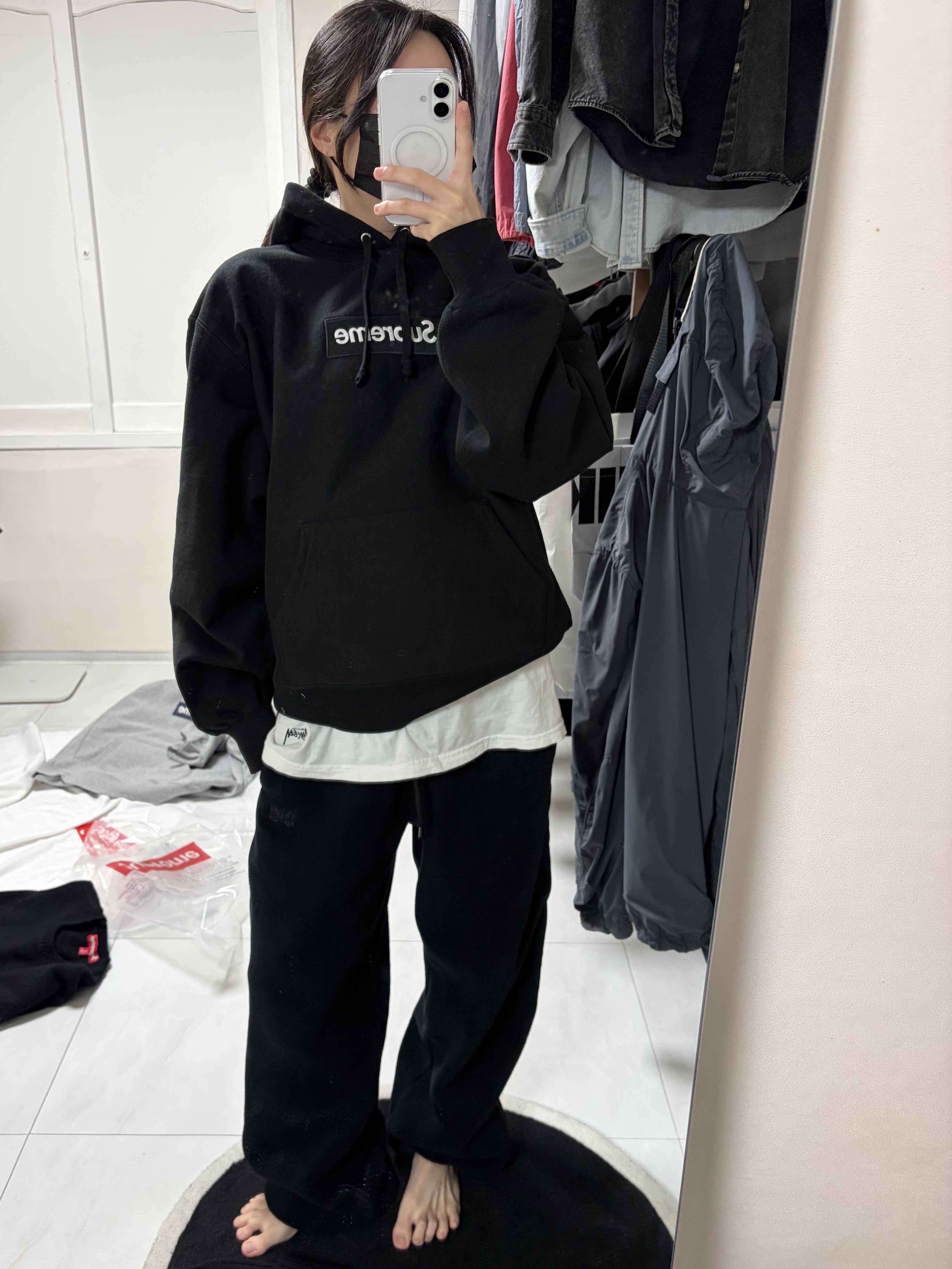Uniqlo x Needles Fleece Wide Pants Longer Length Black - KR, Stussy Undershirt White (3 Pack) 착용 스타일