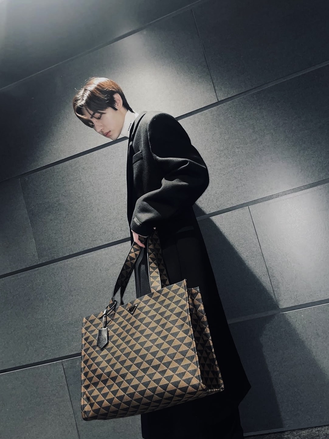 Prada Symbole Embroidered Fabric Tote Bag Black Beige 착용 스타일