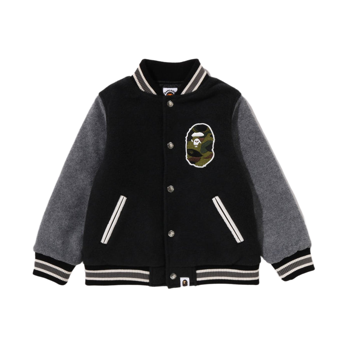 (키즈) 베이프 퍼스트 카모 에이프 헤드 바시티 자켓 블랙((Kids) BAPE 1st Camo Ape Head Varsity Jacket Black) - 1