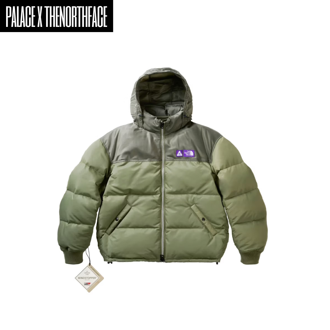 Palace x The North Face Purple Label Windstopper Field Down Jacket Asphalt Gray - 25FW, Palace x The North Face Purple Label Windstopper Field Down Jacket Sage Green - 25FW 착용 스타일 - 4