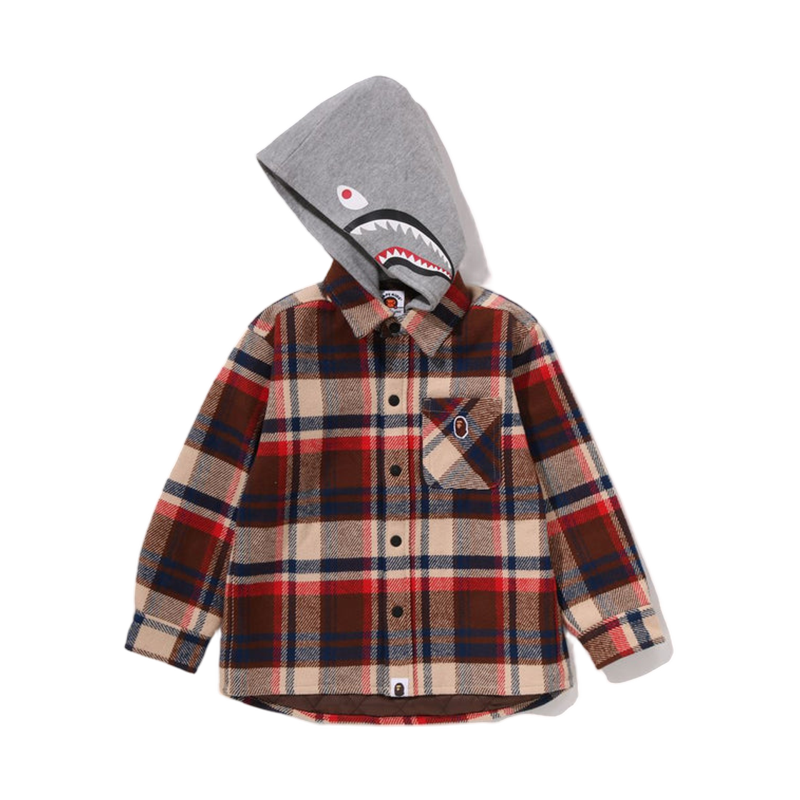 (키즈) 베이프 체크 샤크 후드 릴렉스드 핏 셔츠 자켓 레드((Kids) BAPE Check Shark Hoodie Relaxed Fit Shirt Jacket Red) - 2