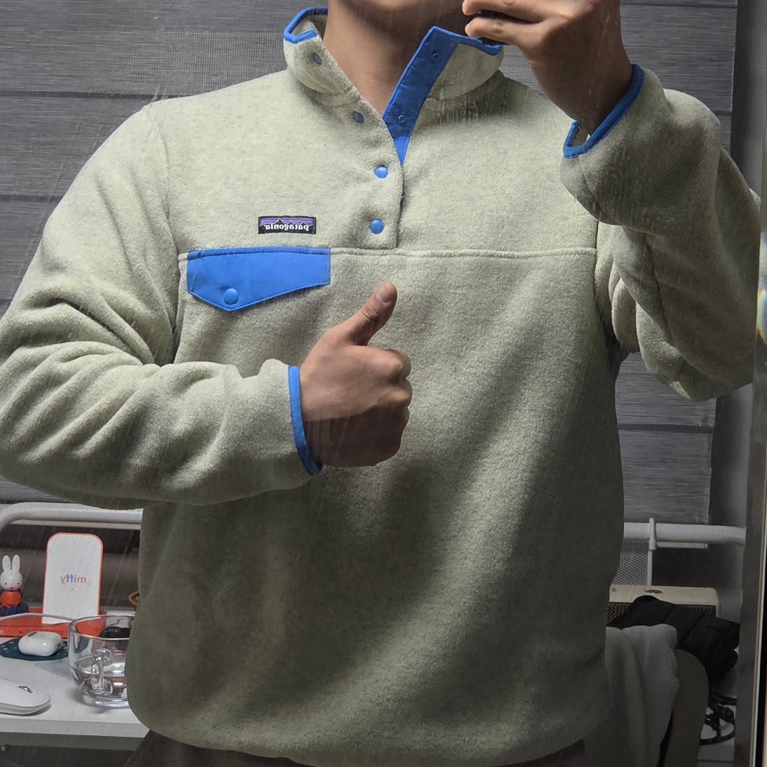(W) Patagonia Lightweight Synchilla Snap-T Fleece Pullover Oatmeal Heather Vessel Blue 착용 스타일