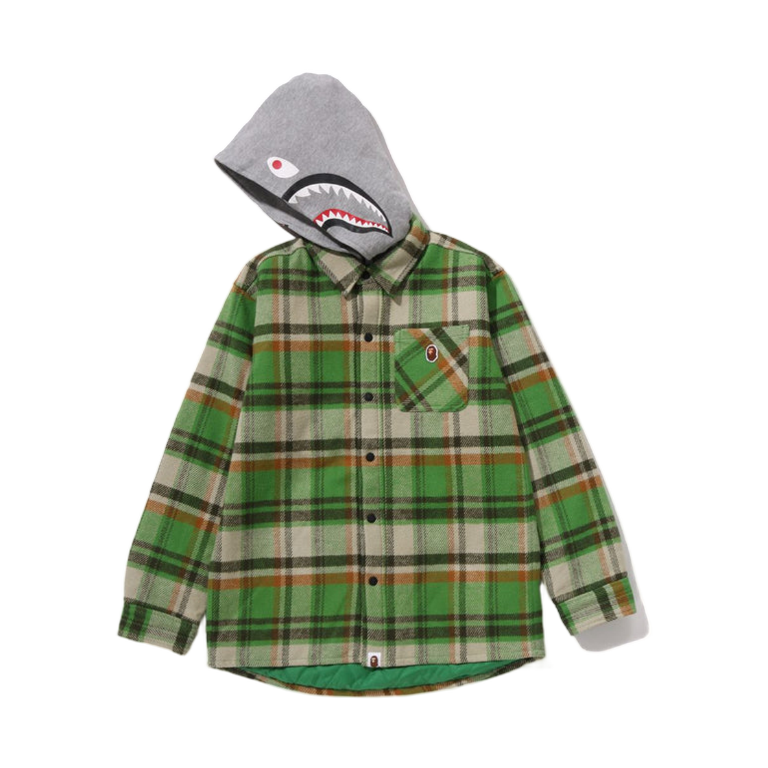 (키즈) 베이프 체크 샤크 후드 릴렉스드 핏 셔츠 자켓 그린((Kids) BAPE Check Shark Hoodie Relaxed Fit Shirt Jacket Green) - 2
