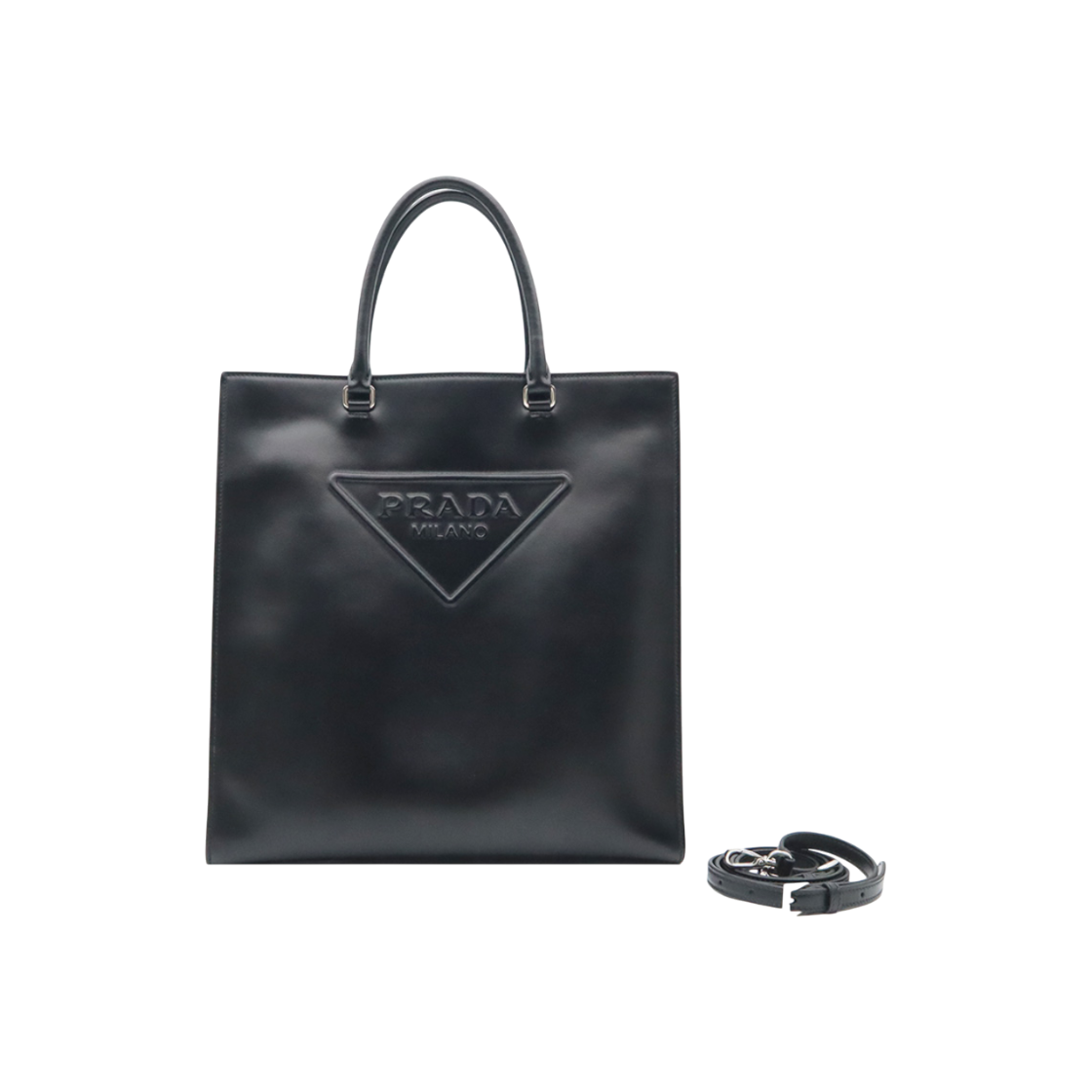 ITO7M9FOHN6A Prada 1BA332 Black Soft Leather Triangle Embossed Lettering Tote Bag 2-Way