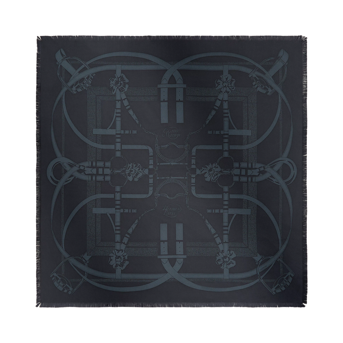 H271752T12 Hermes Grand Manege Fringed Scarf 80 Bleu Marine Bleu Moyen Noir