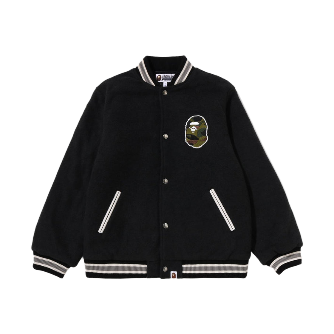(키즈) 베이프 퍼스트 카모 에이프 헤드 바시티 자켓 블랙((Kids) BAPE 1st Camo Ape Head Varsity Jacket Black) - 1