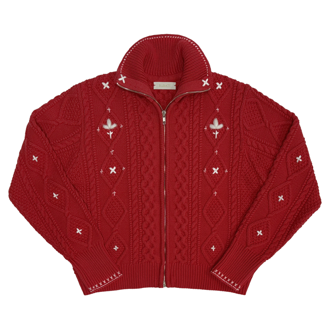 루바티 알프스 꽃자수 핸드스티치 니트 집업 가디건 레드(Rubati Alps Knit Zip-up Cardigan Flower Stitched by Hand Red)