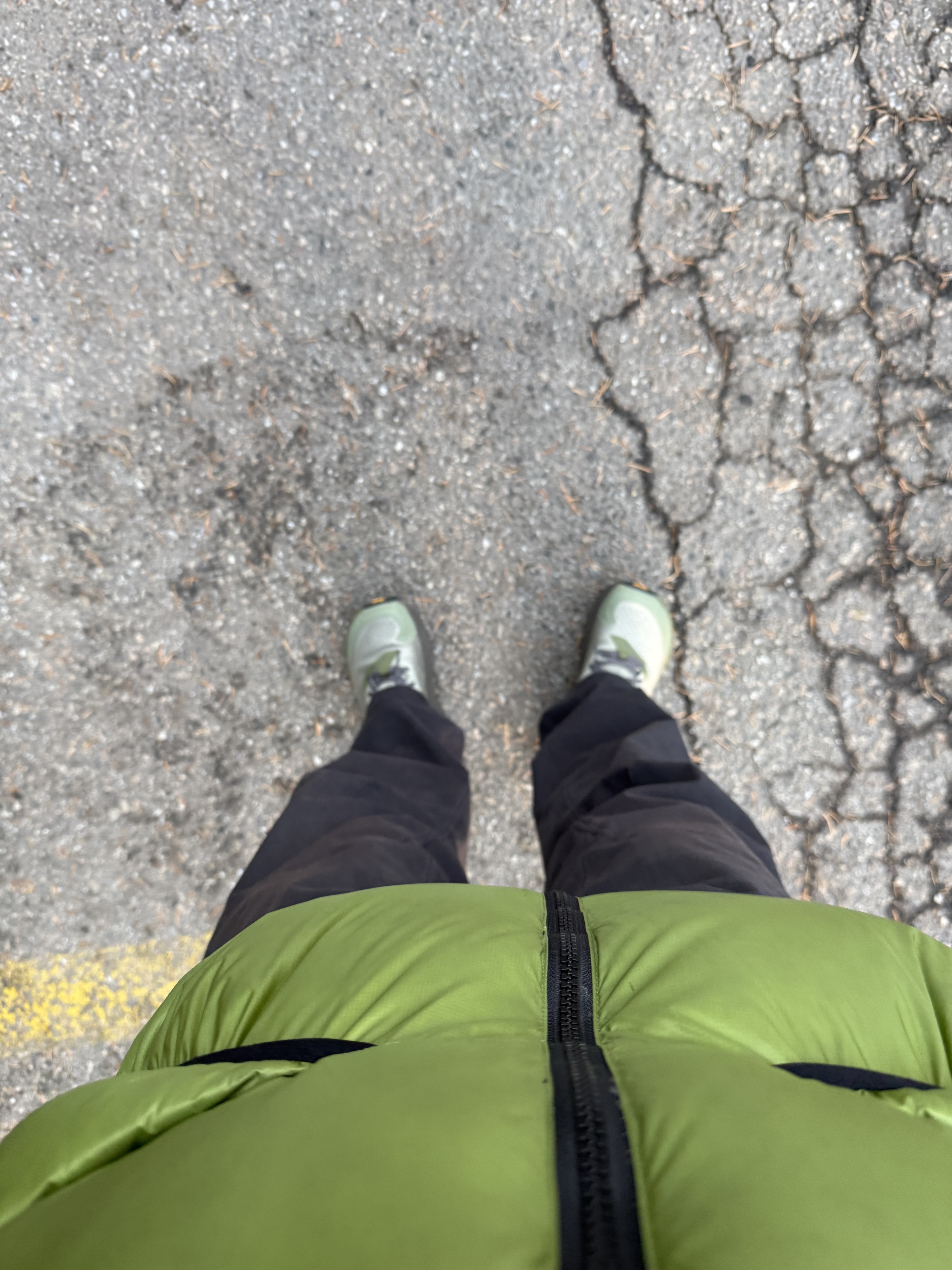 Feathered Friends Helios Hooded Down Jacket Grass, Arc'teryx Cronin Cotton Pants Black 착용 스타일