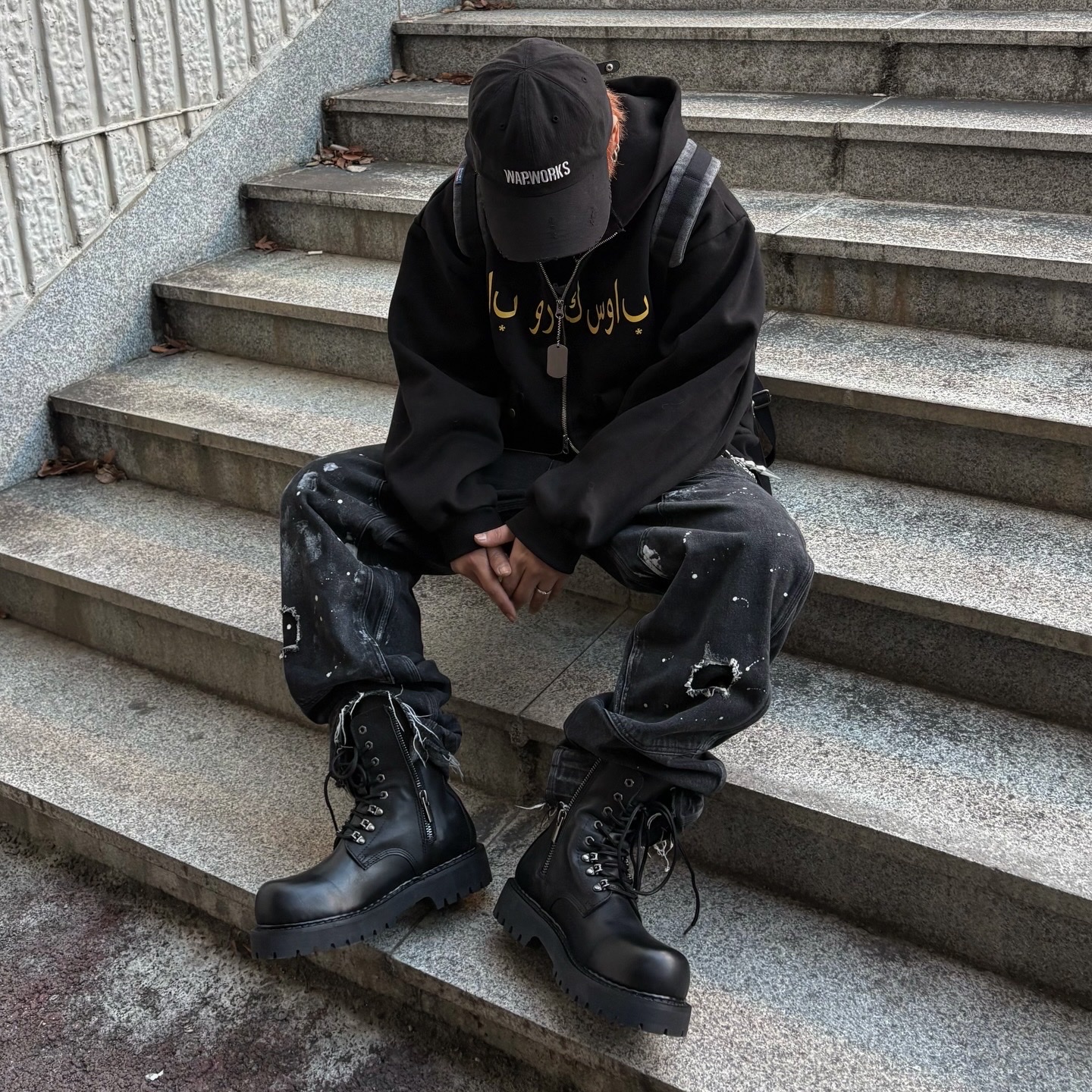 Wapworks Industrial Harness Hoodie Zip-Up, Wapworks Work Double Knee Carpenter Pants 착용 스타일 - 2