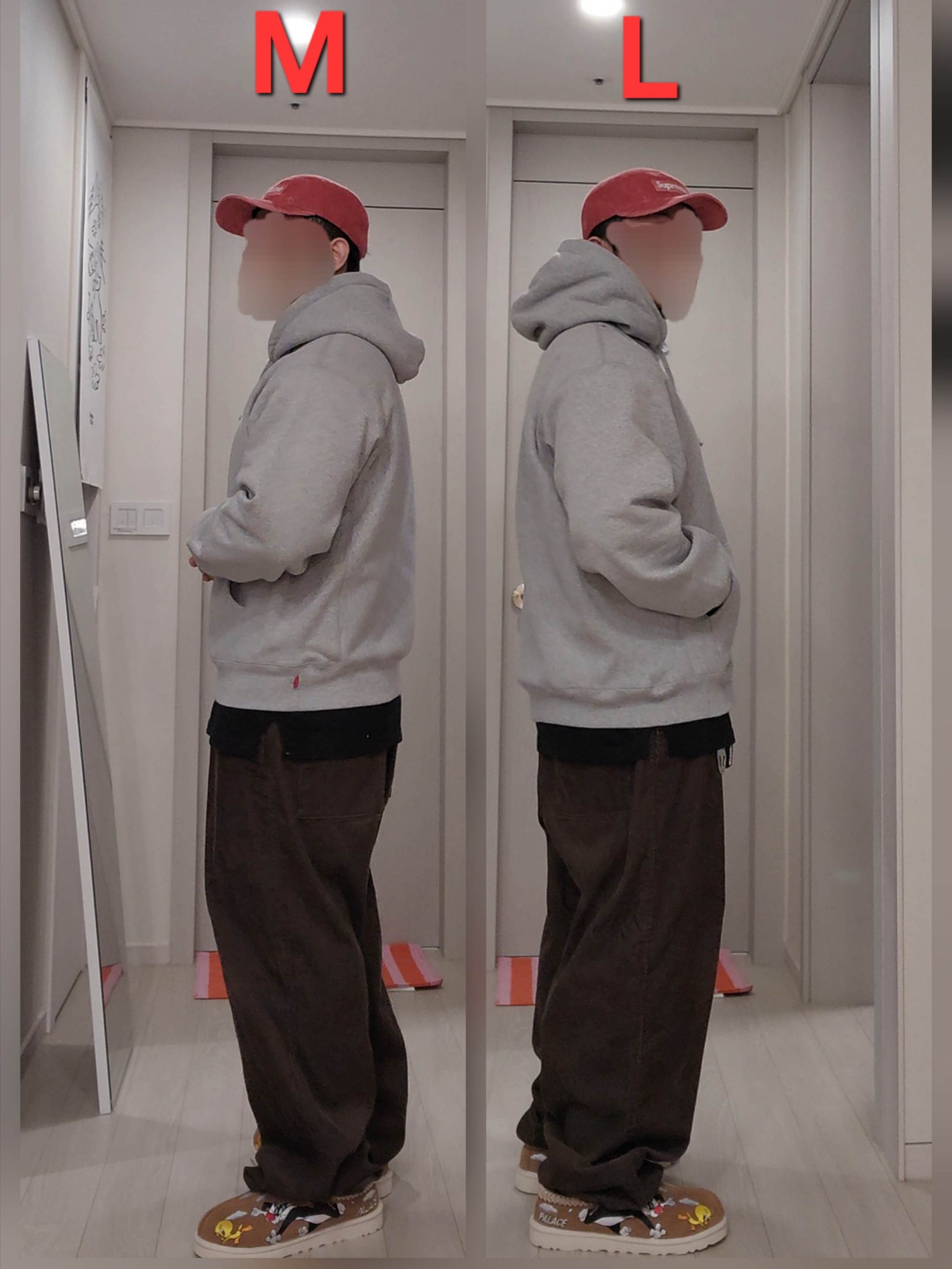 Supreme Box Logo Hooded Sweatshirt Heather Grey - 25FW, Supreme Corduroy Camp Cap Light Red - 25FW 착용 스타일 - 3
