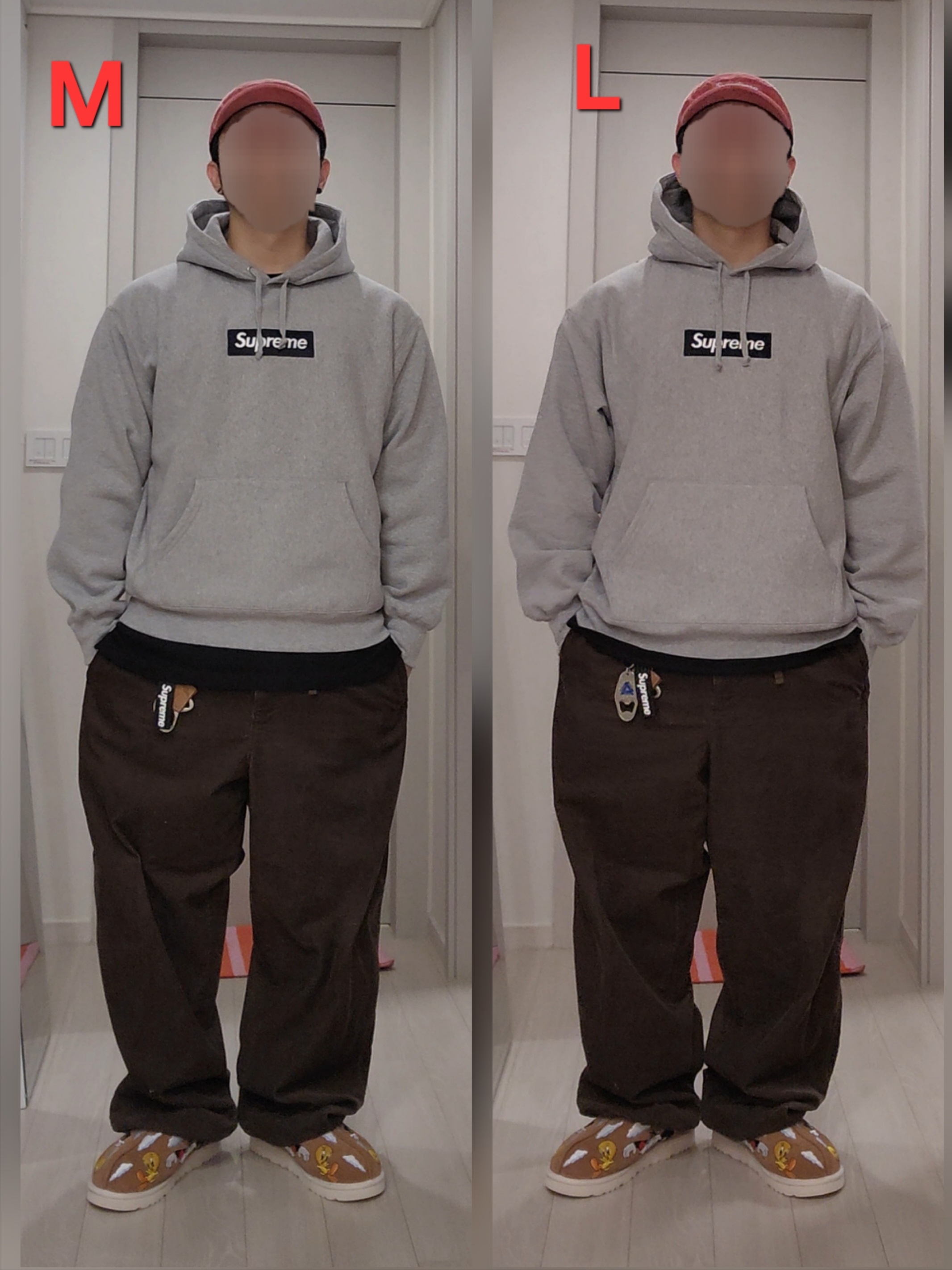 Supreme Box Logo Hooded Sweatshirt Heather Grey - 25FW, Supreme Corduroy Camp Cap Light Red - 25FW 착용 스타일 - 1