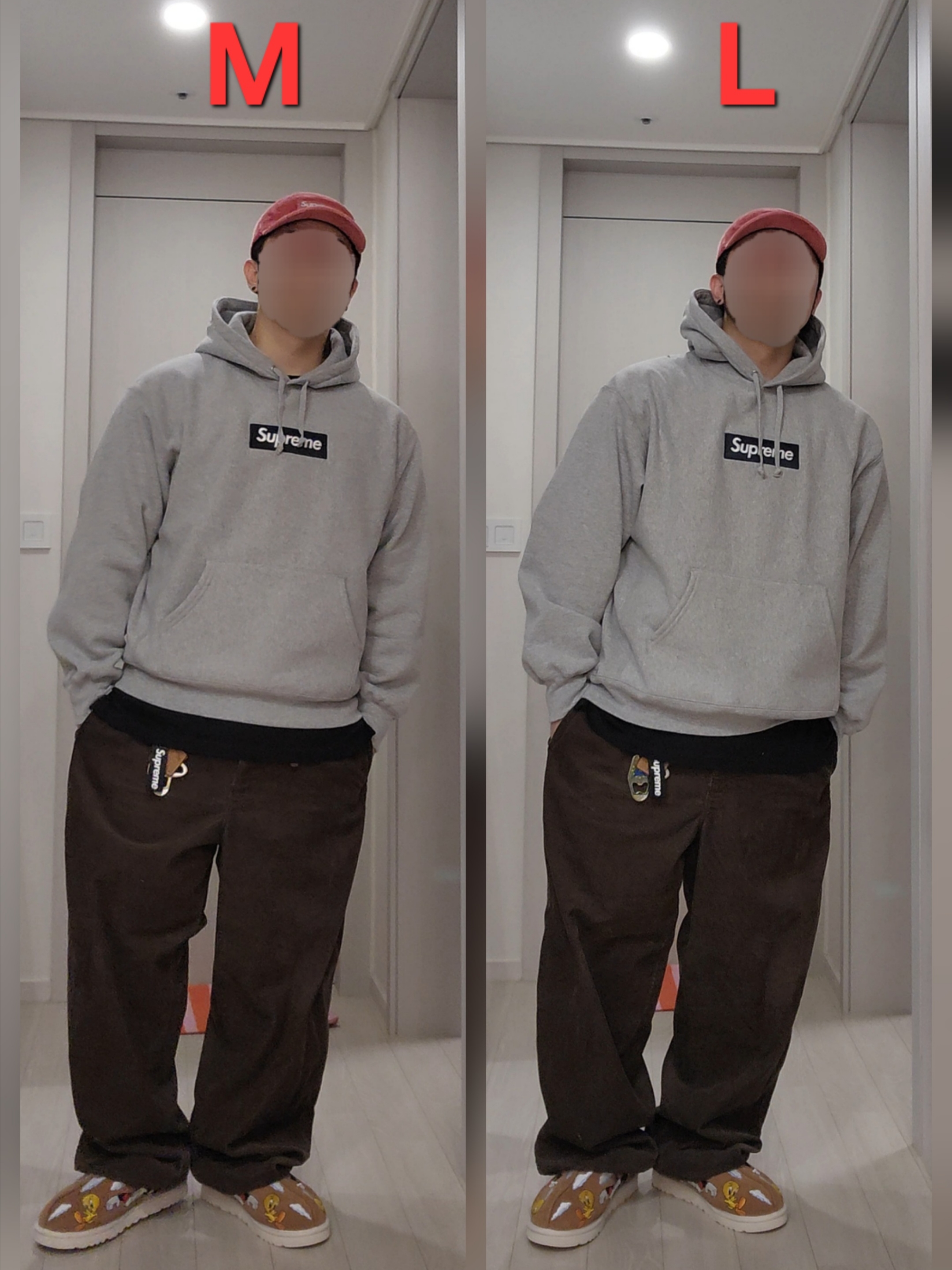 Supreme Box Logo Hooded Sweatshirt Heather Grey - 25FW, Supreme Corduroy Camp Cap Light Red - 25FW 착용 스타일 - 2