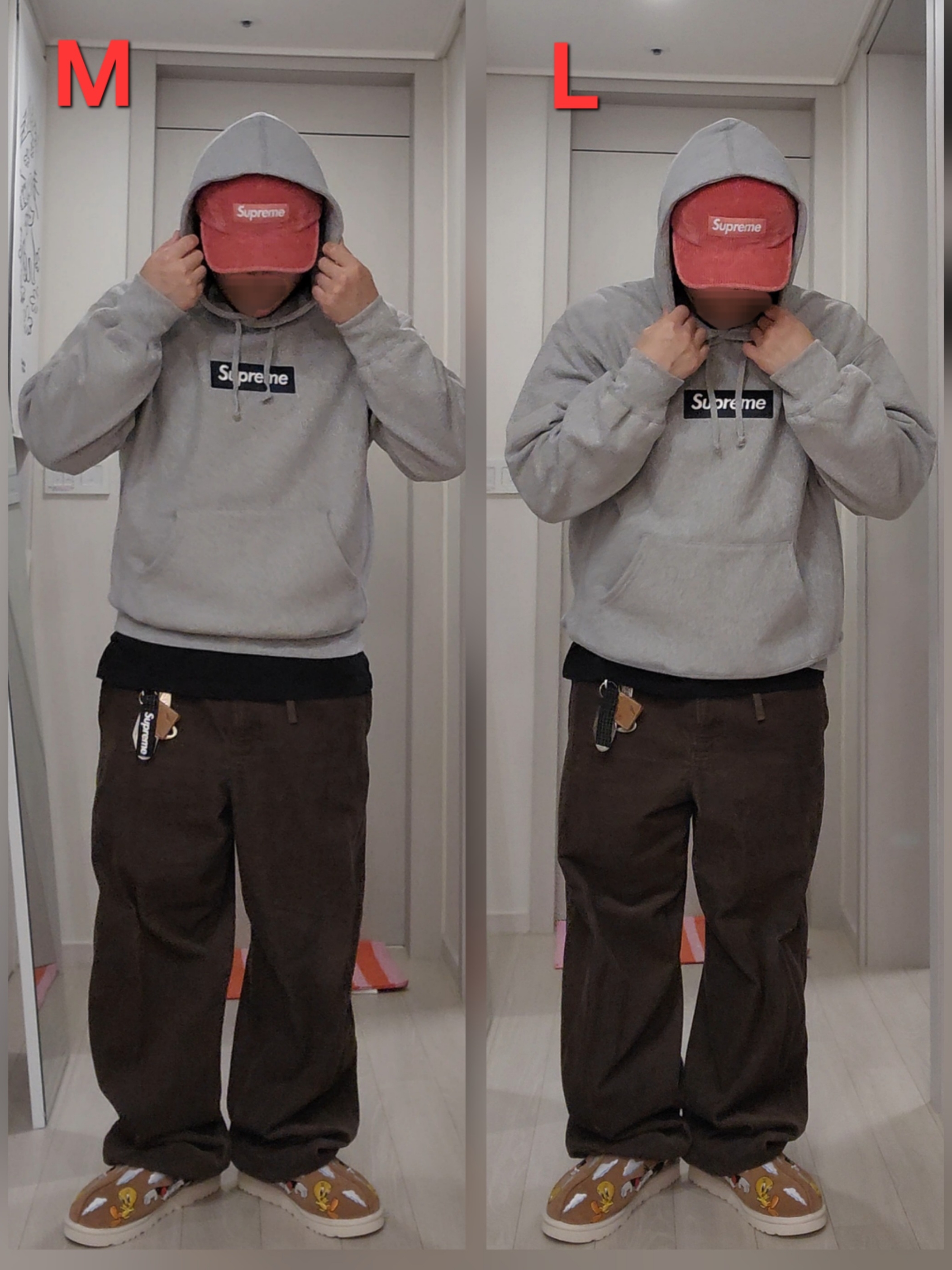 Supreme Box Logo Hooded Sweatshirt Heather Grey - 25FW, Supreme Corduroy Camp Cap Light Red - 25FW 착용 스타일 - 4