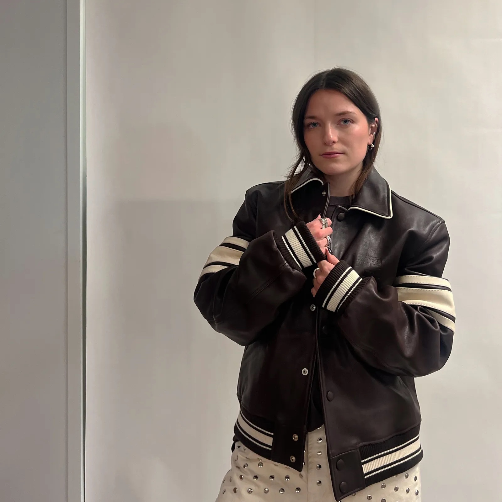 Stussy x Wales Bonner Leather Varsity Brown, Stussy King Varsity Jacket Navy 착용 스타일