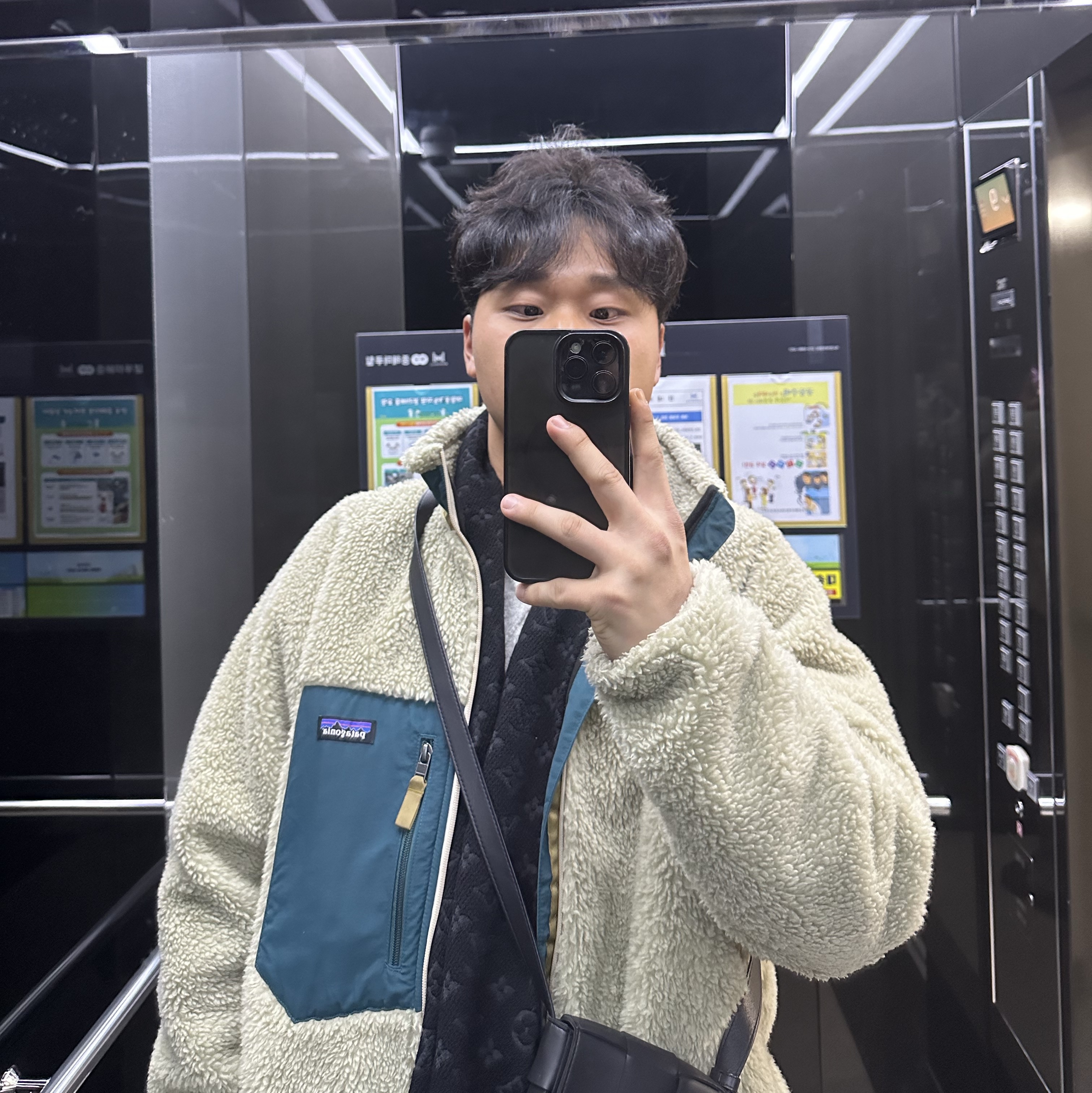 Louis Vuitton Monogram Classic Muffler Black, Patagonia Classic Retro-X Jacket Pelican Dark Borealis Green 착용 스타일 - 1