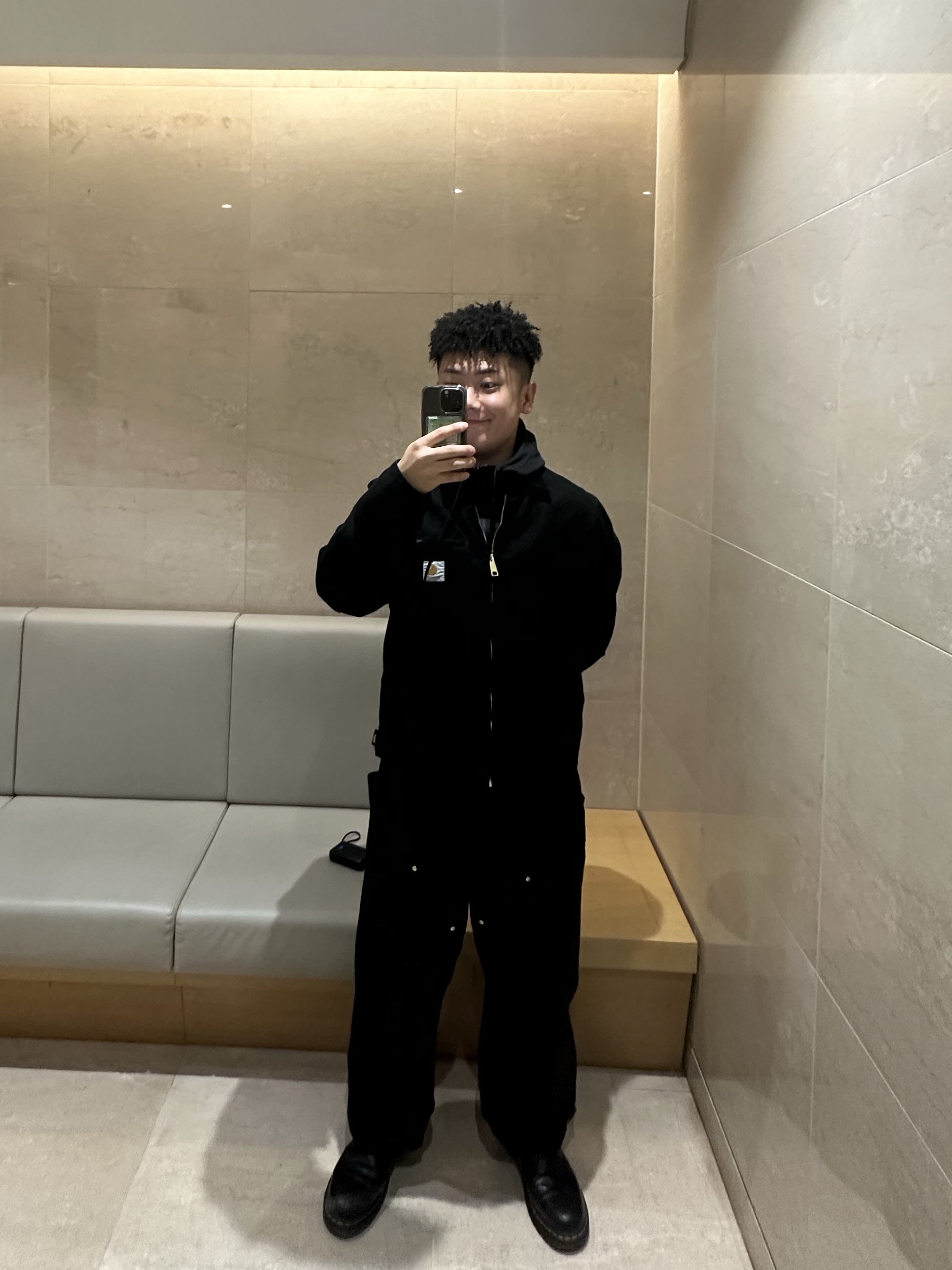 Carhartt WIP Detroit Jacket Black, Carhartt WIP Dearborn Canvas Double Knee Pants Black Rinsed 착용 스타일 - 1