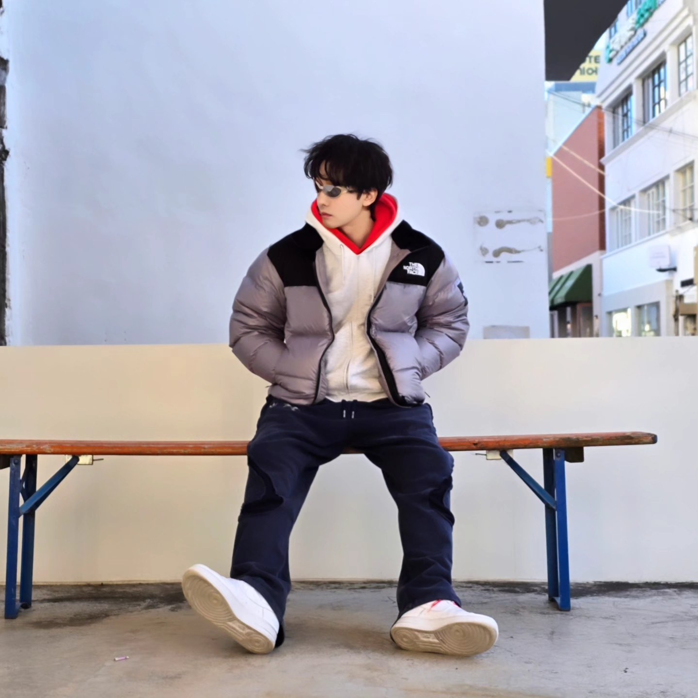 Stussy Stock DSM Ginza Zip Hoodie Ash Heather 2023, The North Face White Label Novelty Nuptse Down Jacket Heather Gray 착용 스타일 - 1
