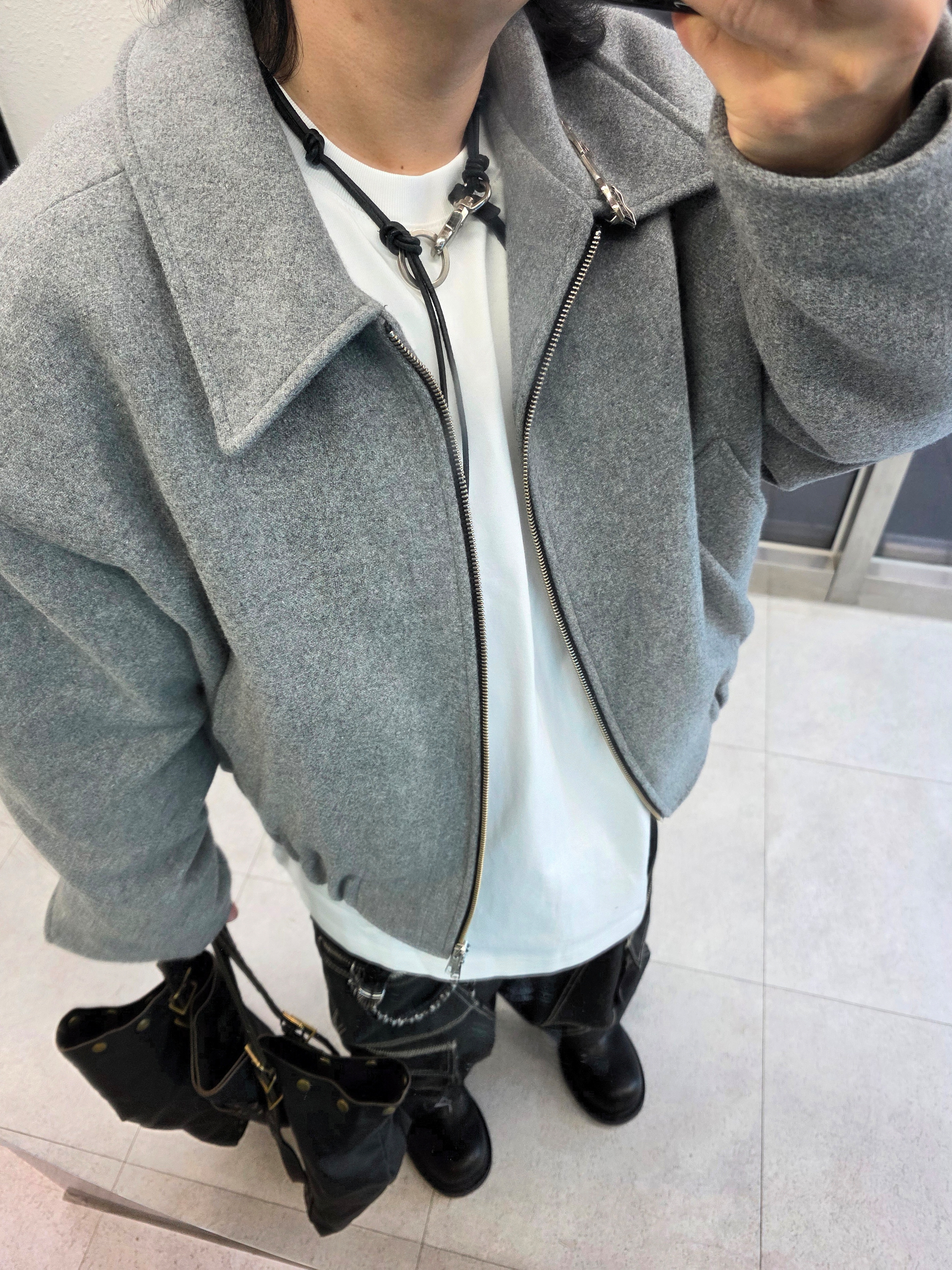 MJD Wool Cropped Jacket Melange Grey, Jieda Western Belt Black 착용 스타일 - 4
