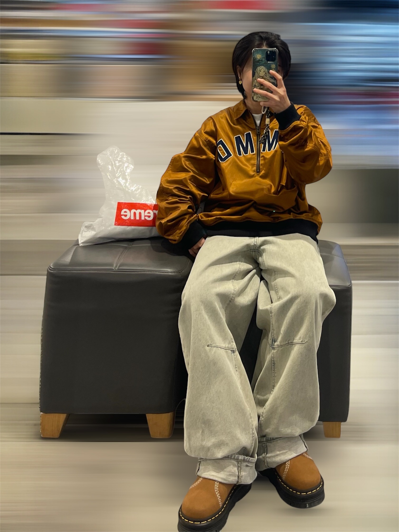 (W) GU Barrel Leg Jean B+EC Blue, Human Made Half-Zip Pullover Orange 착용 스타일