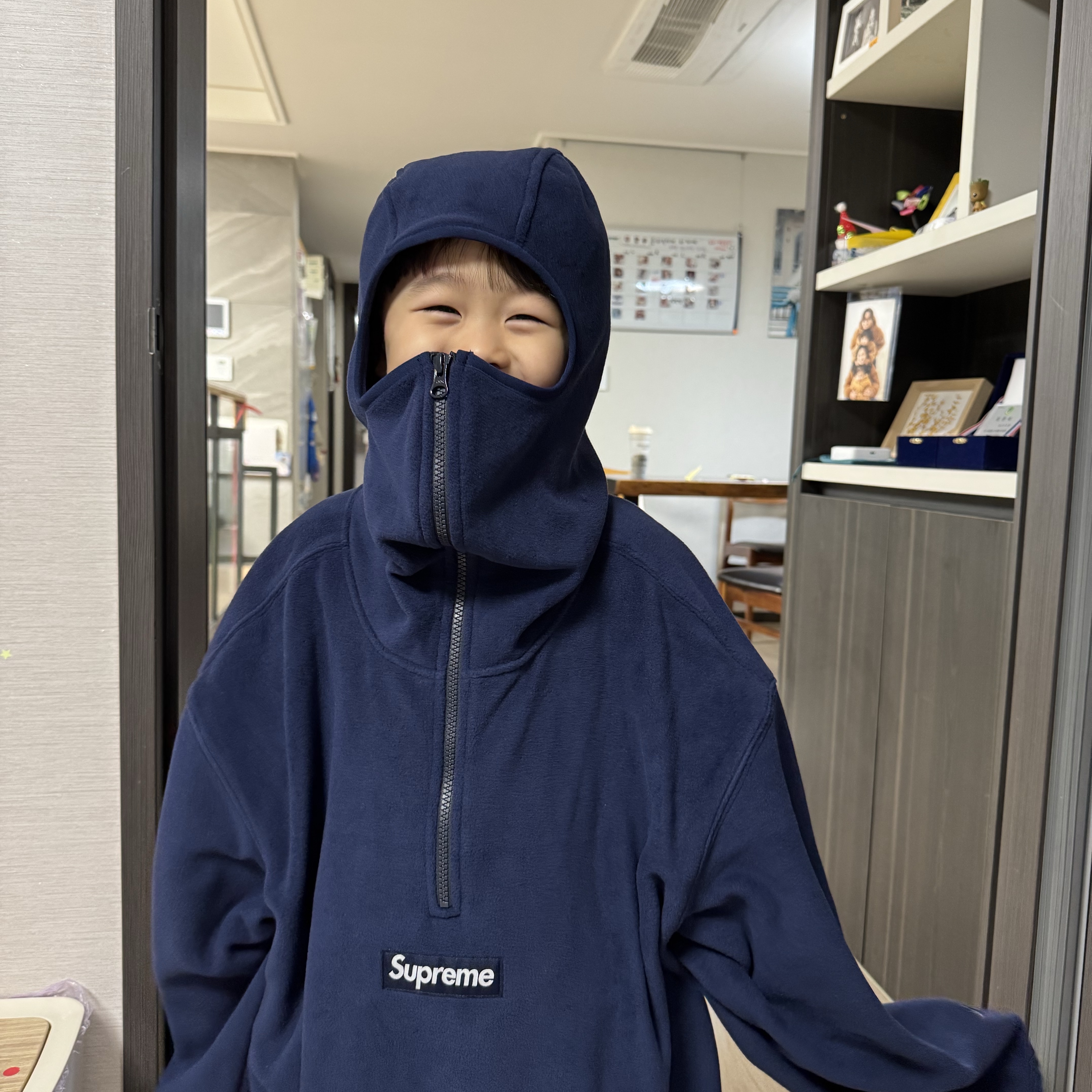 Supreme Polartec Face Mask Half Zip Hooded Sweatshirt Navy - 25FW 착용 스타일 - 2