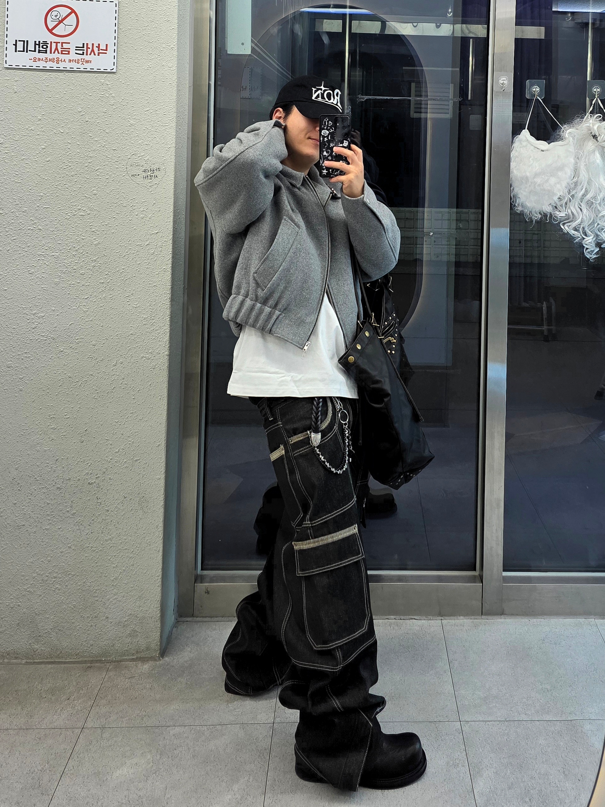 MJD Wool Cropped Jacket Melange Grey, Jieda Western Belt Black 착용 스타일 - 2