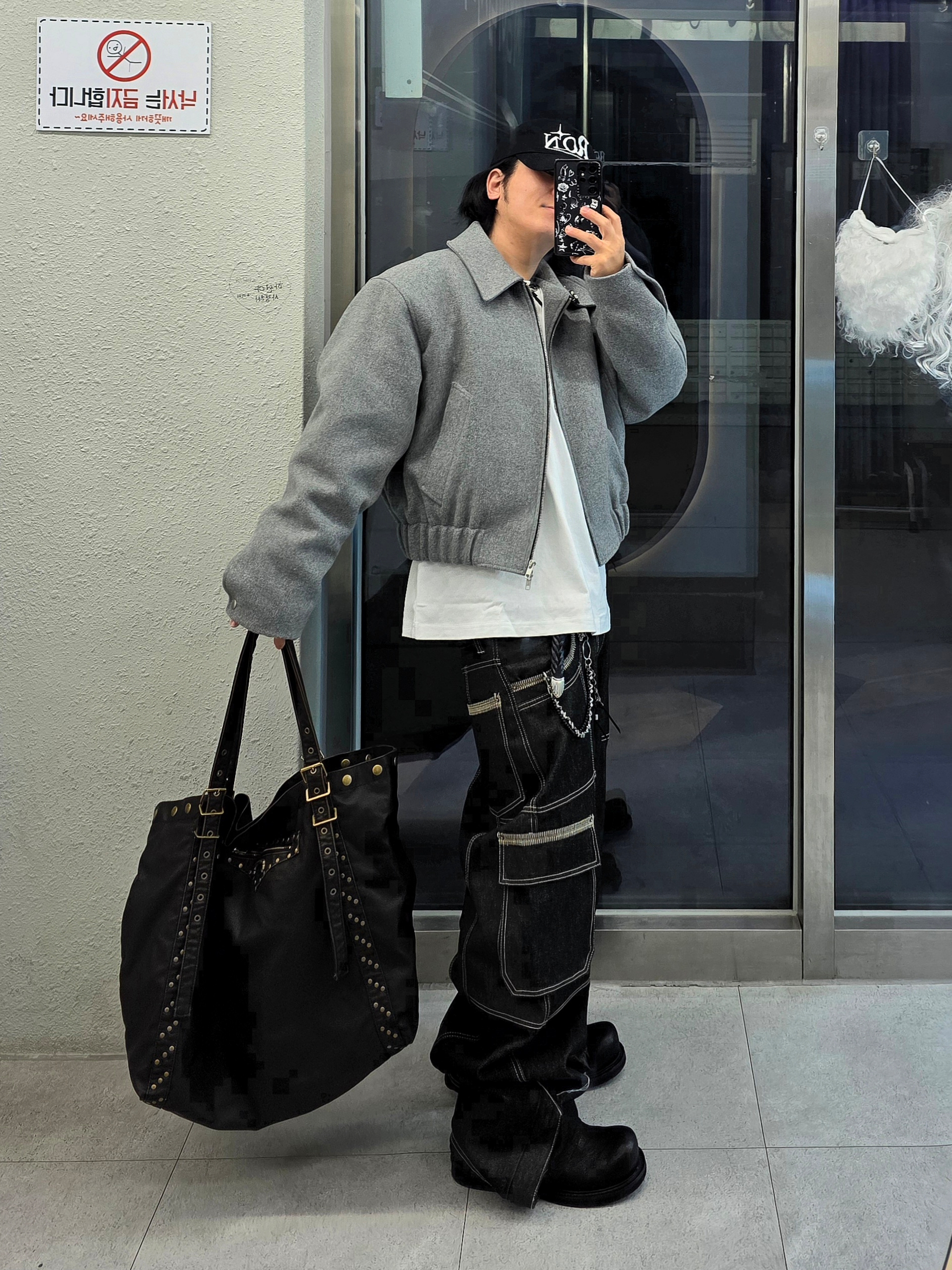 MJD Wool Cropped Jacket Melange Grey, Jieda Western Belt Black 착용 스타일 - 1