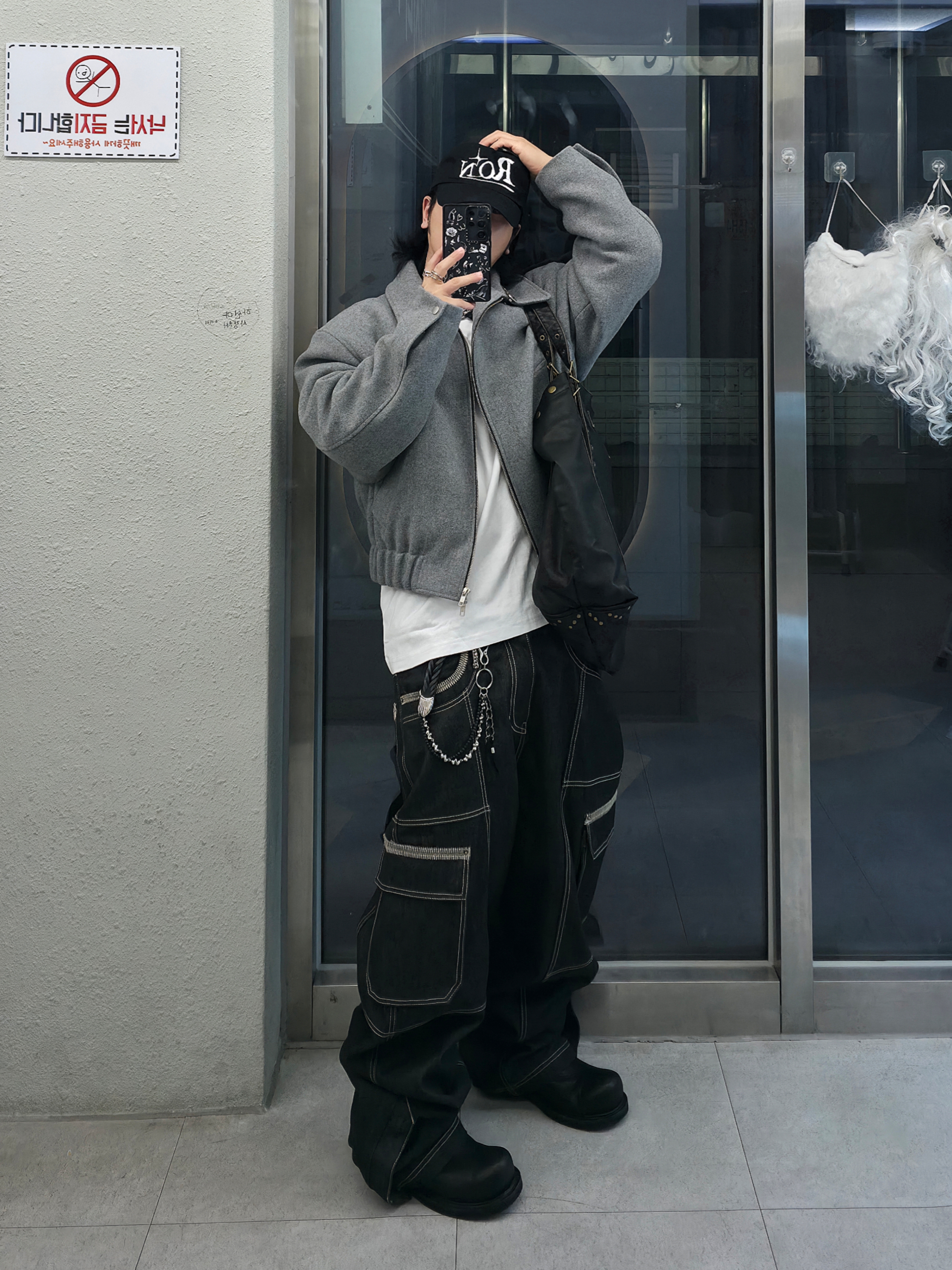 MJD Wool Cropped Jacket Melange Grey, Jieda Western Belt Black 착용 스타일 - 3